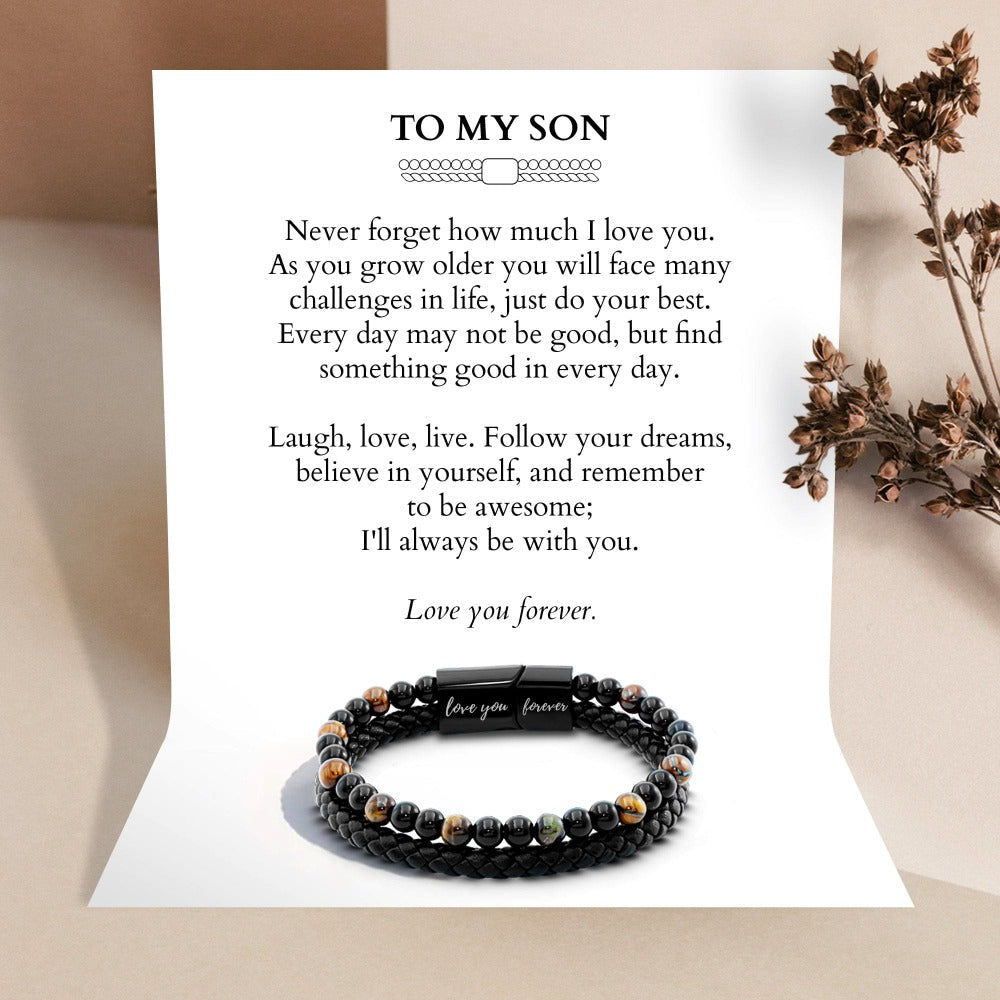 À Mon Fils | Je T'aime Pour Toujours | Bracelet Perles Cuir