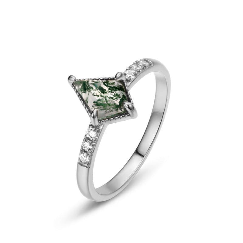 Bague en argent sterling S925 avec mousse d'agate naturelle et diamants sertis en canal