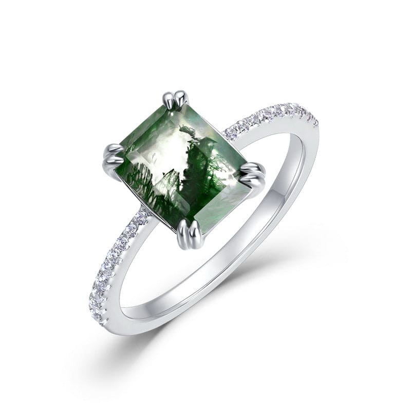 Bague en argent sterling S925 avec pavé de diamants, agate mousse naturelle taille hexagonale