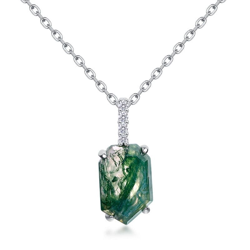 Collier Pendentif Colonne Agate Mousse Naturelle Coupe Cercueil - Argent Sterling S925