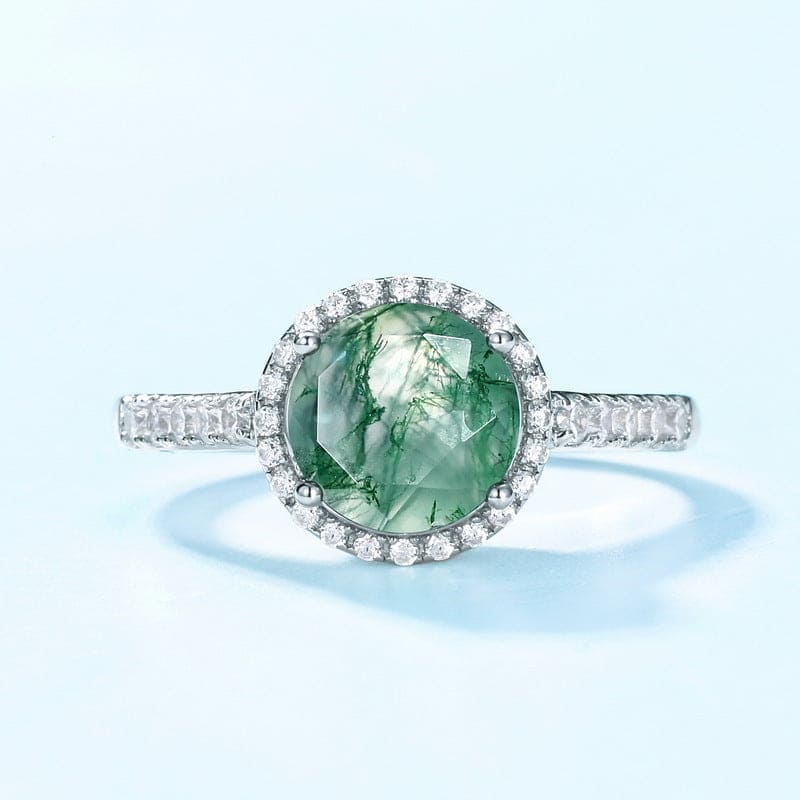 Oval Natural Moss Agate and Diamond Accented Ring - S925 Sterling Silver