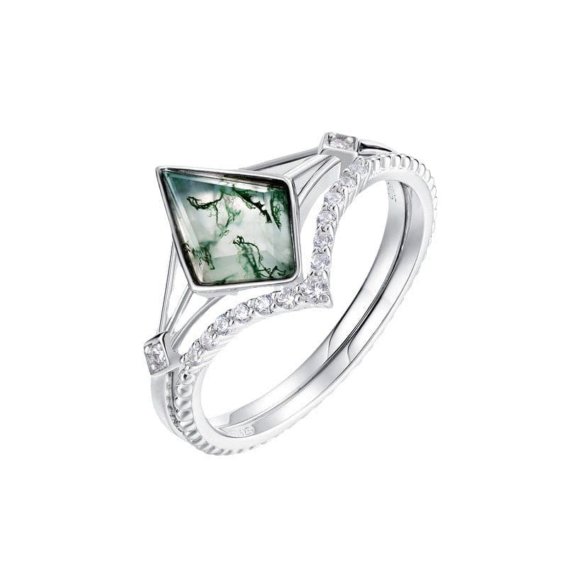 Bague Solitaire Agate Mousse Naturelle Coupe en V - Argent Sterling S925