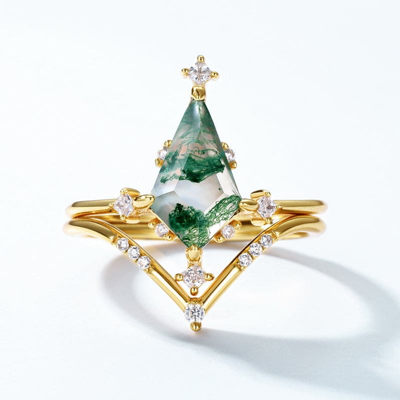 Ensemble Bague Or Agate Mousse Naturelle Kite Cut - Argent Sterling S925