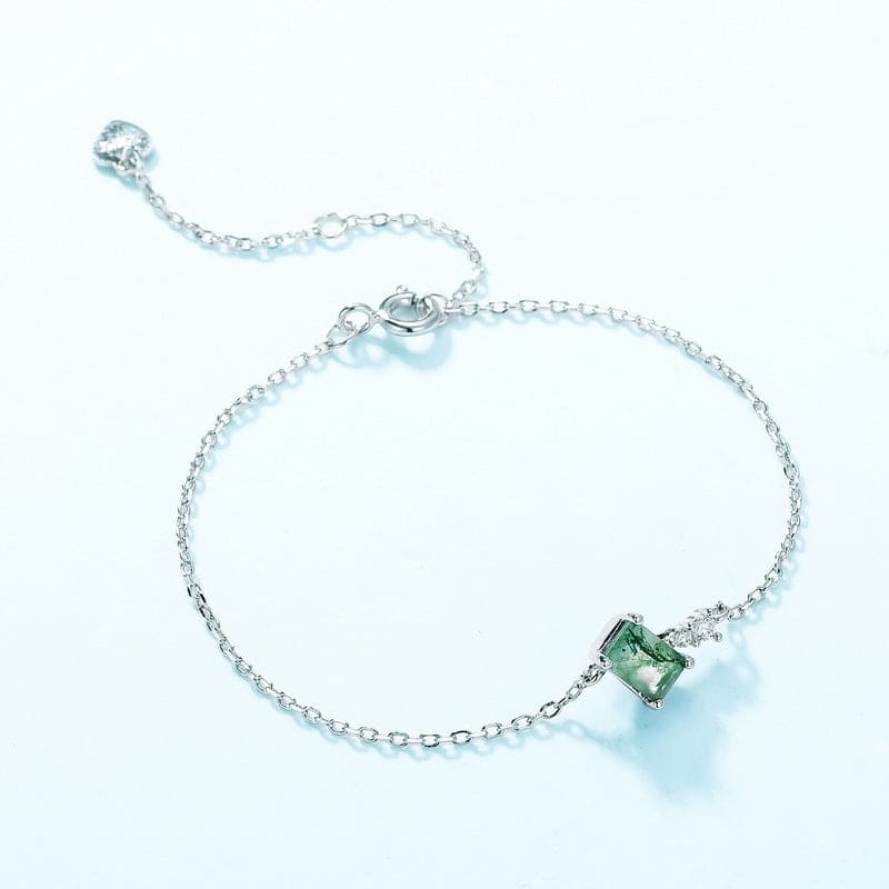 Bracelet de charme en agate mousse naturelle taille carrée - Argent Sterling S925