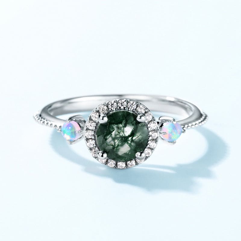 Halo Round Cut Natural Moss Agate Opalescent Ring - S925 Sterling Silver