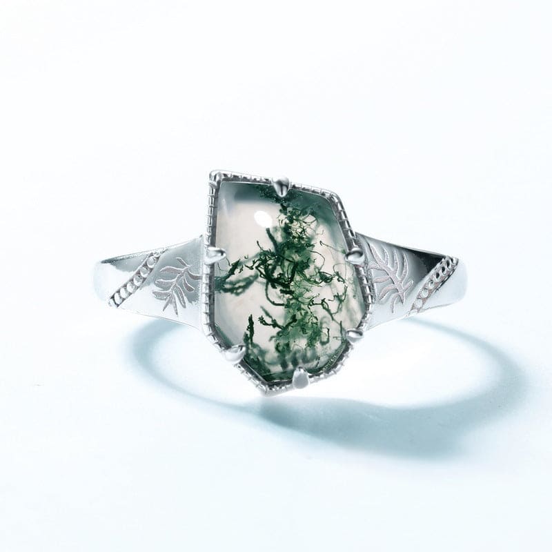 Cushion Cut Natural Moss Agate Leaf Design Ring - S925 Sterling Silver