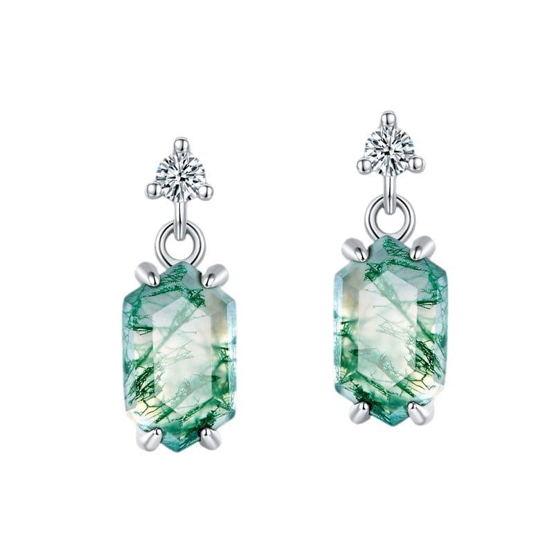 Boucles d'oreilles pendantes Agate Mousse Naturelle Coupe Tonneau - Argent Sterling S925