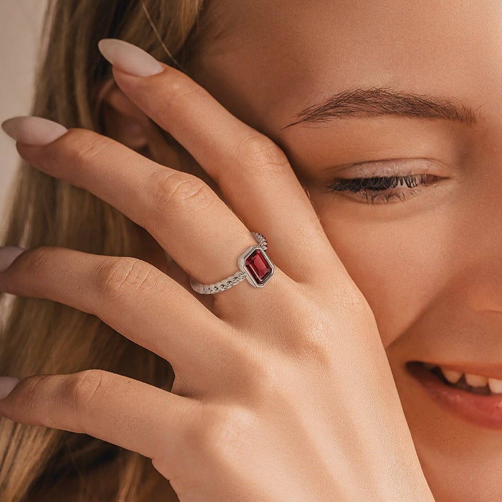 The Solitaire: Emerald-Cut Ruby Ring - S925 Sterling Silver