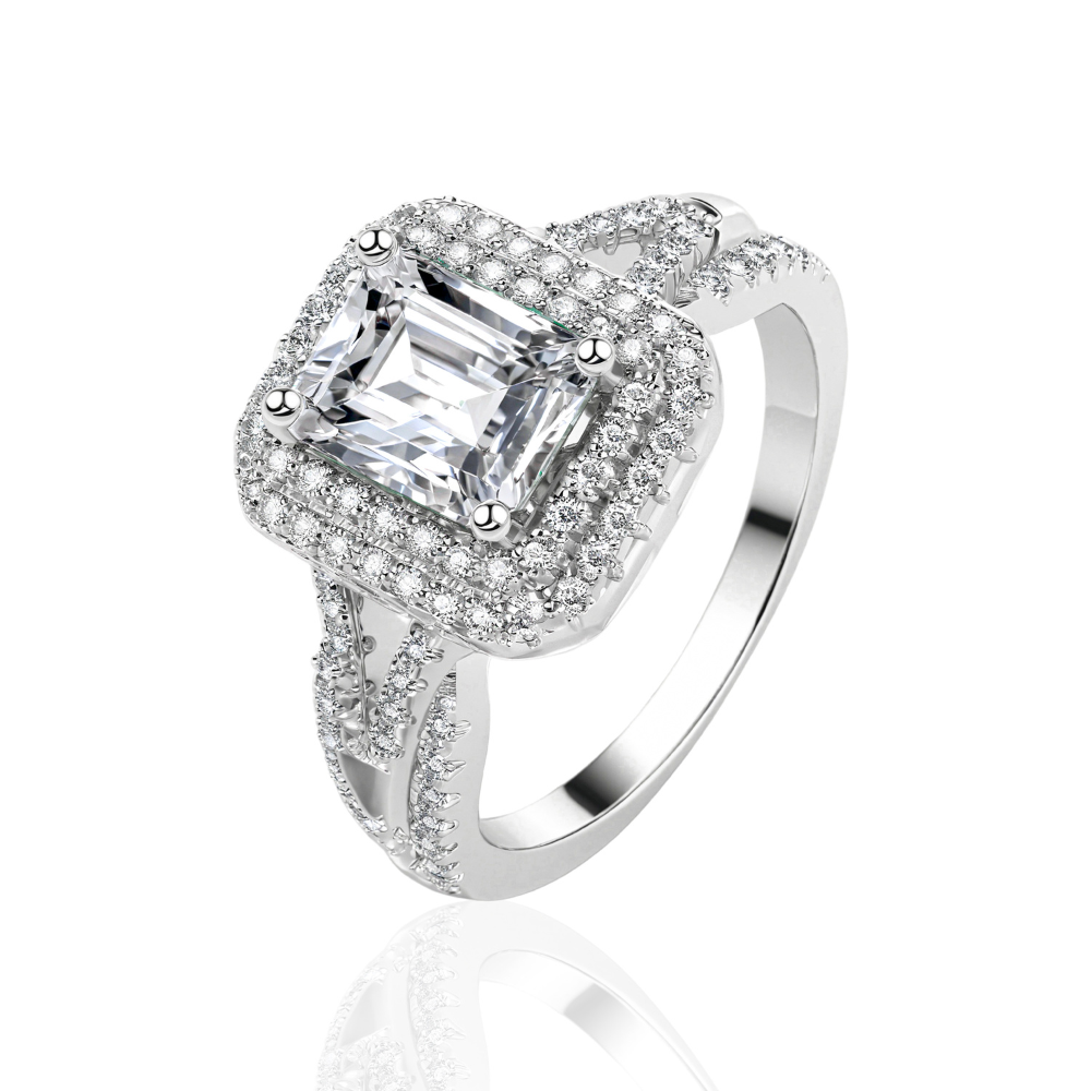 Bague Moissanite 2CT Taille Émeraude Double Halo