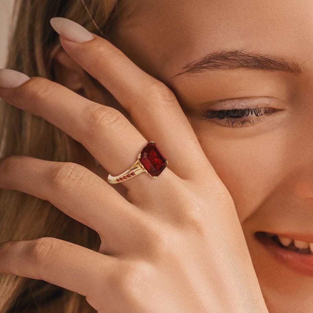 Red Dream: Emerald-Cut Ruby Sculpted Ring - 18K Gold Vermeil