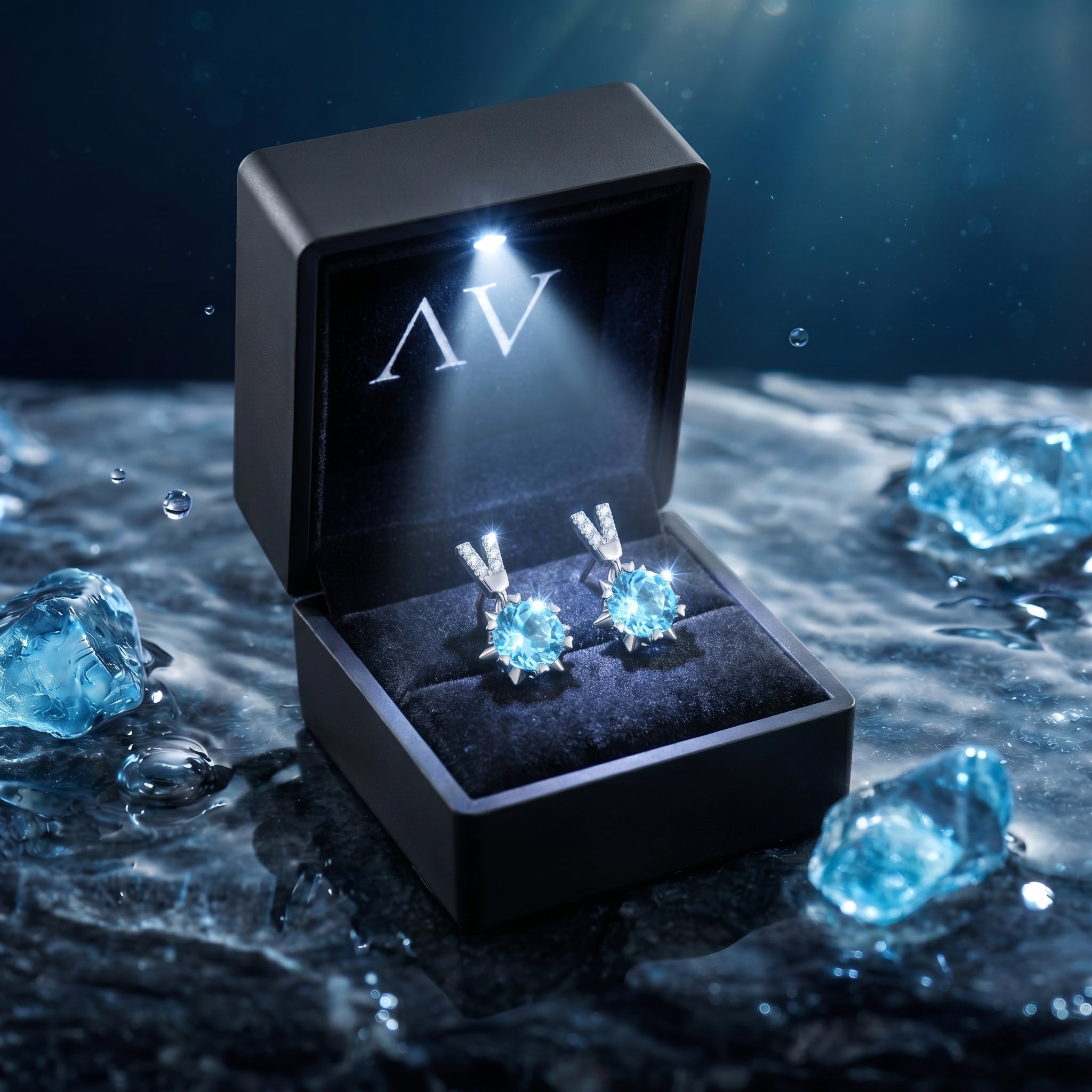 Platinum round cut aquamarine drop earrings inside a lighted black jewelry box on a wet, rocky surface.