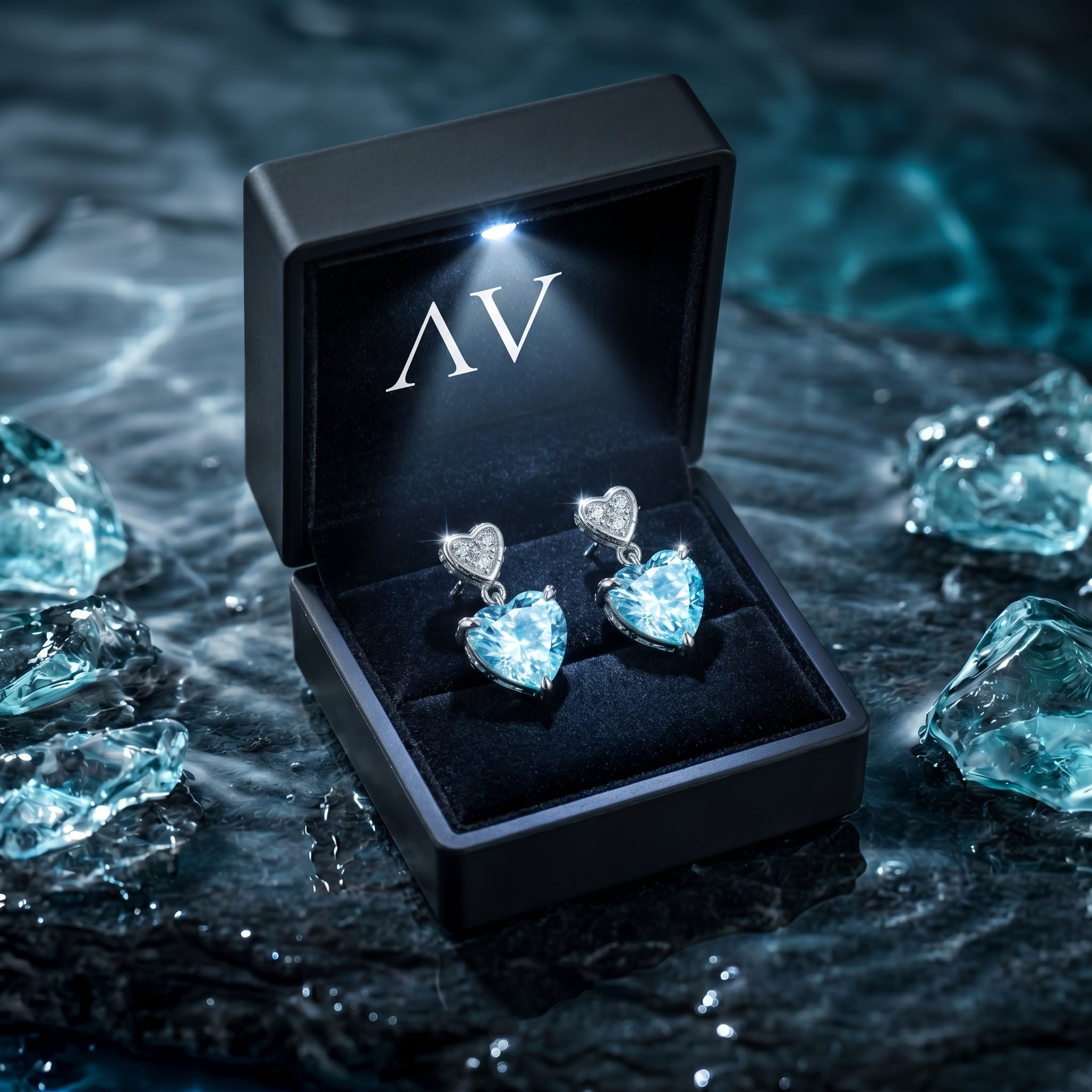 Heart-cut aquamarine drop earrings in 18K white gold inside a black LED-lit presentation box.