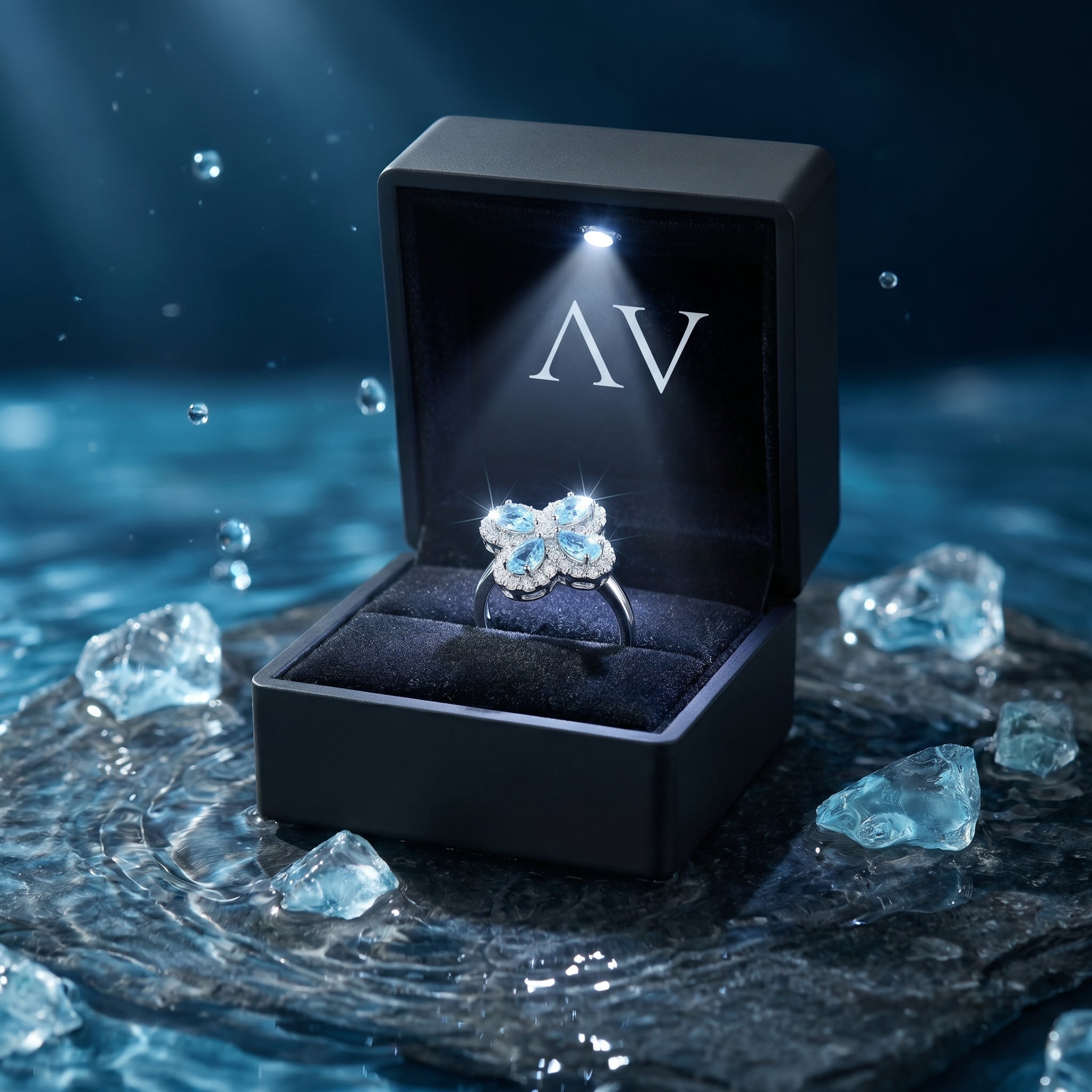 Silver aquamarine clover ring presented in a black LED-lit gift box on a styled water and stone background.