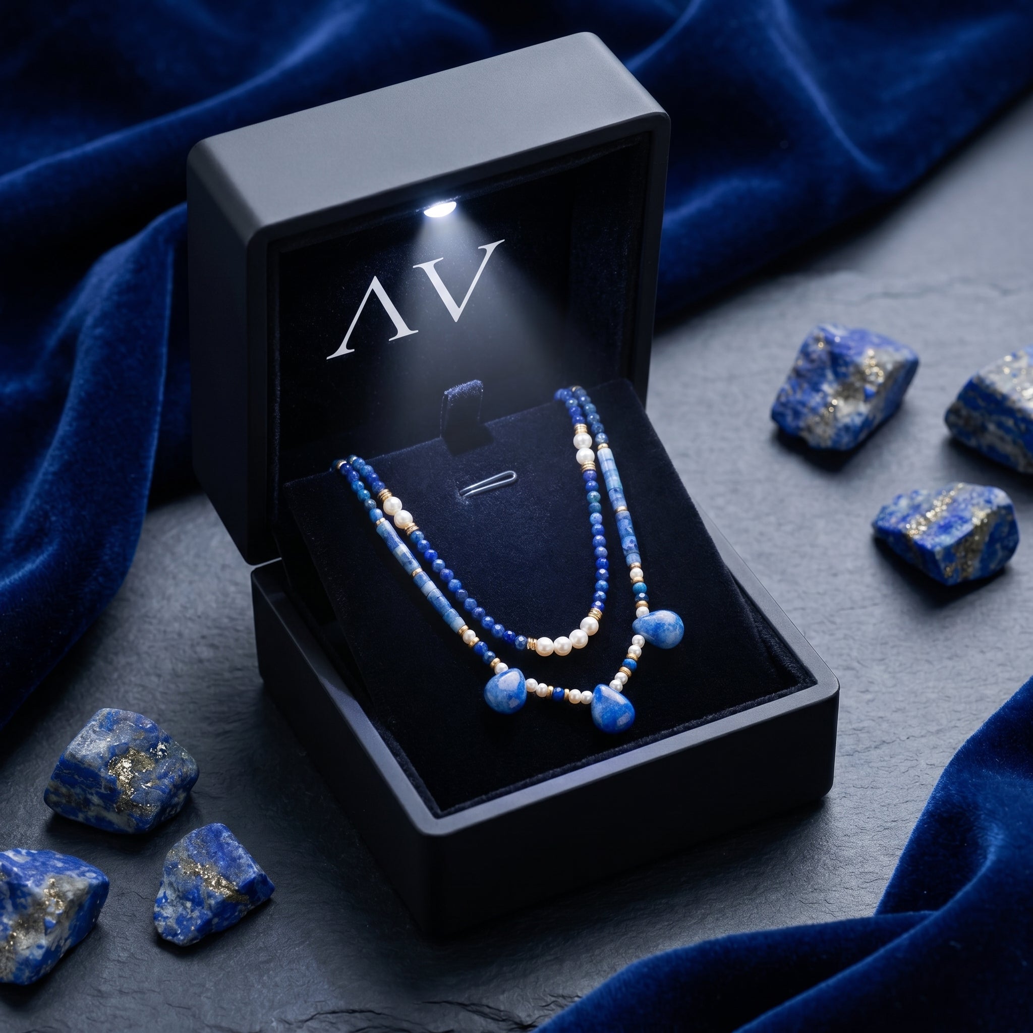 Lapis and pearl layered necklace set in a premium black LED-lit gift box with raw lapis lazuli stones.