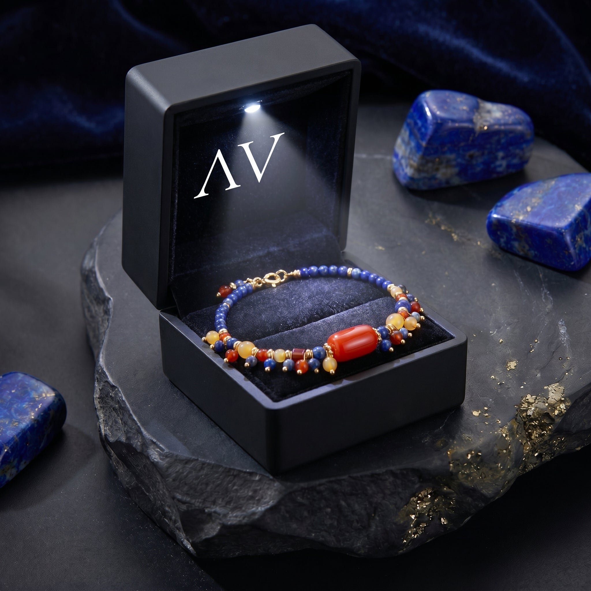 Gold lapis lazuli bracelet inside a black LED-lit jewelry box on a dark stone surface.