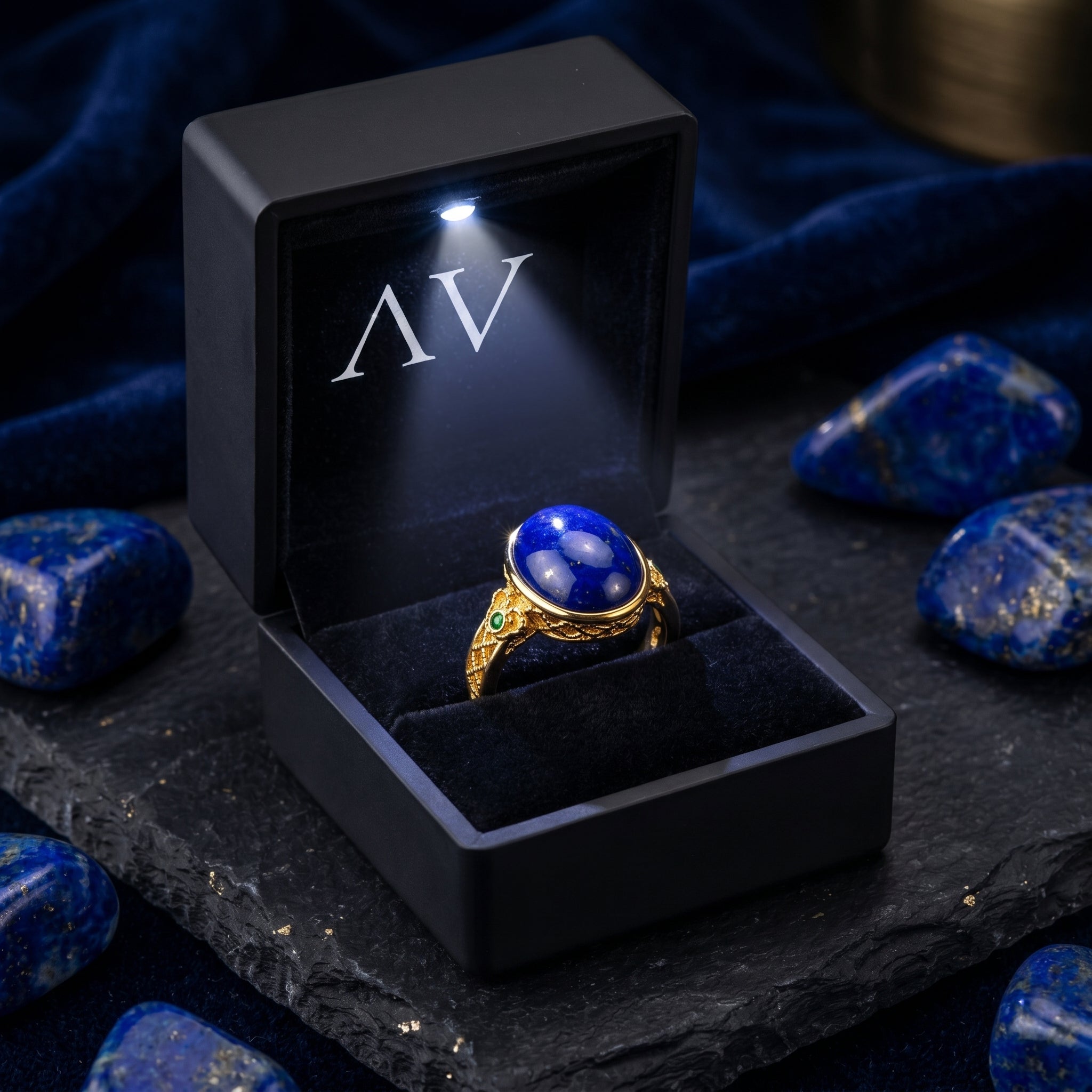 Yellow gold lapis lazuli ring presented in a black illuminated jewelry gift box with raw stones nearby.