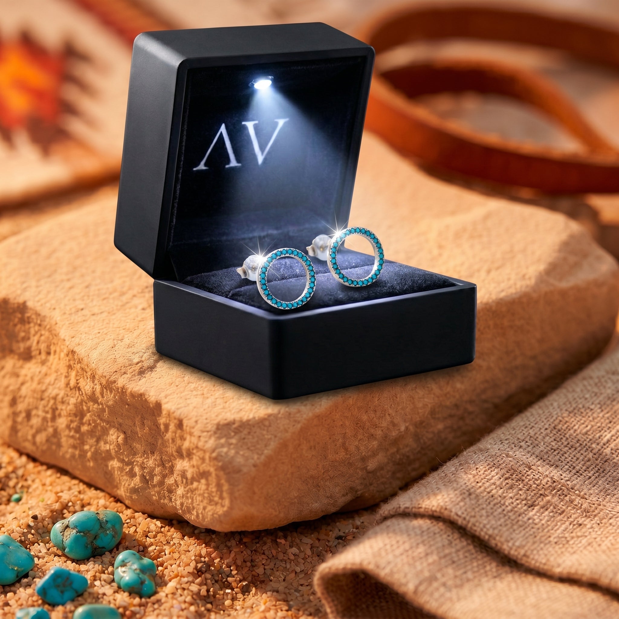 Silver turquoise circle earrings presented in a black LED-lit gift box on a desert rock.
