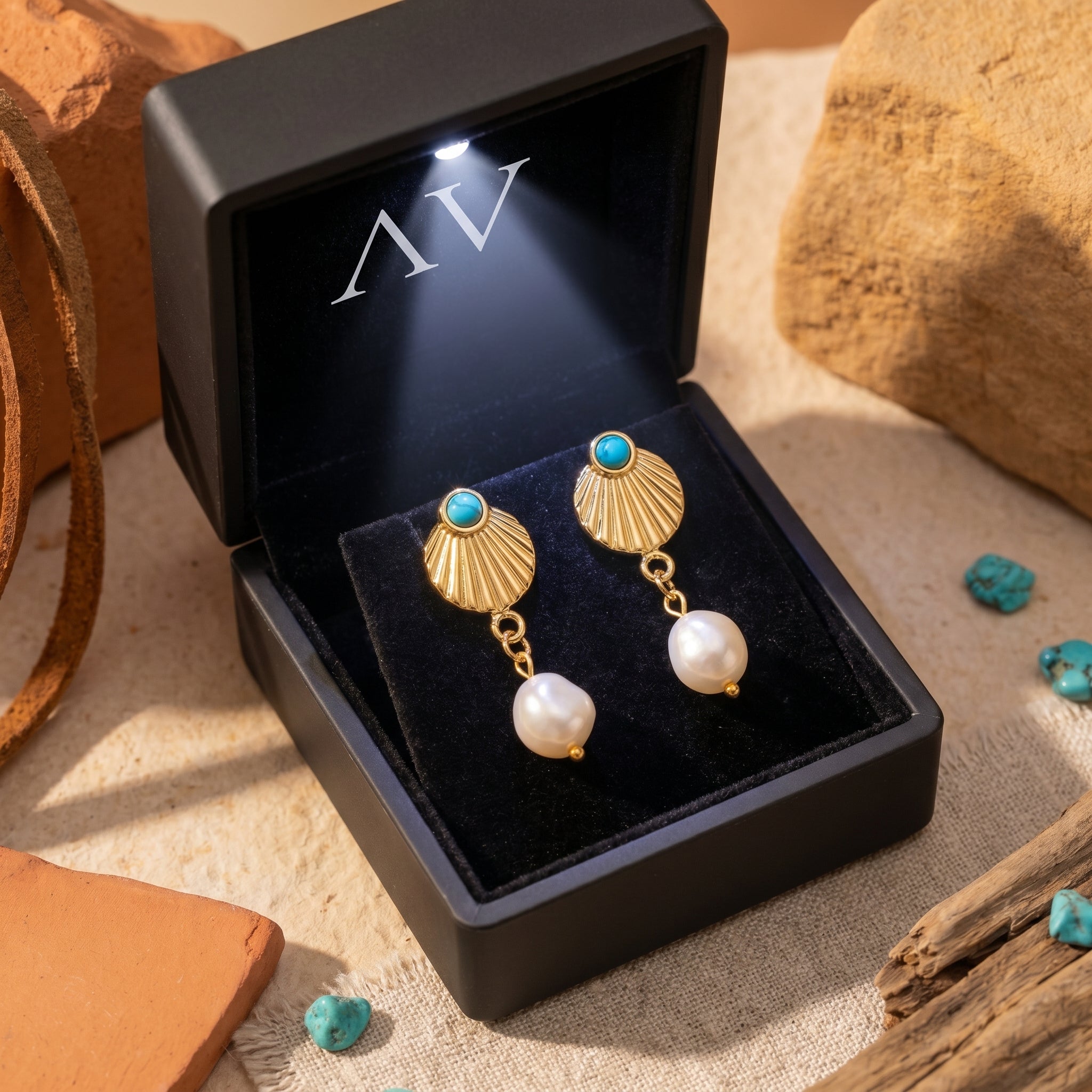 Gold shell and pearl drop earrings presented in a black LED-lit jewelry gift box on a desert-themed background.