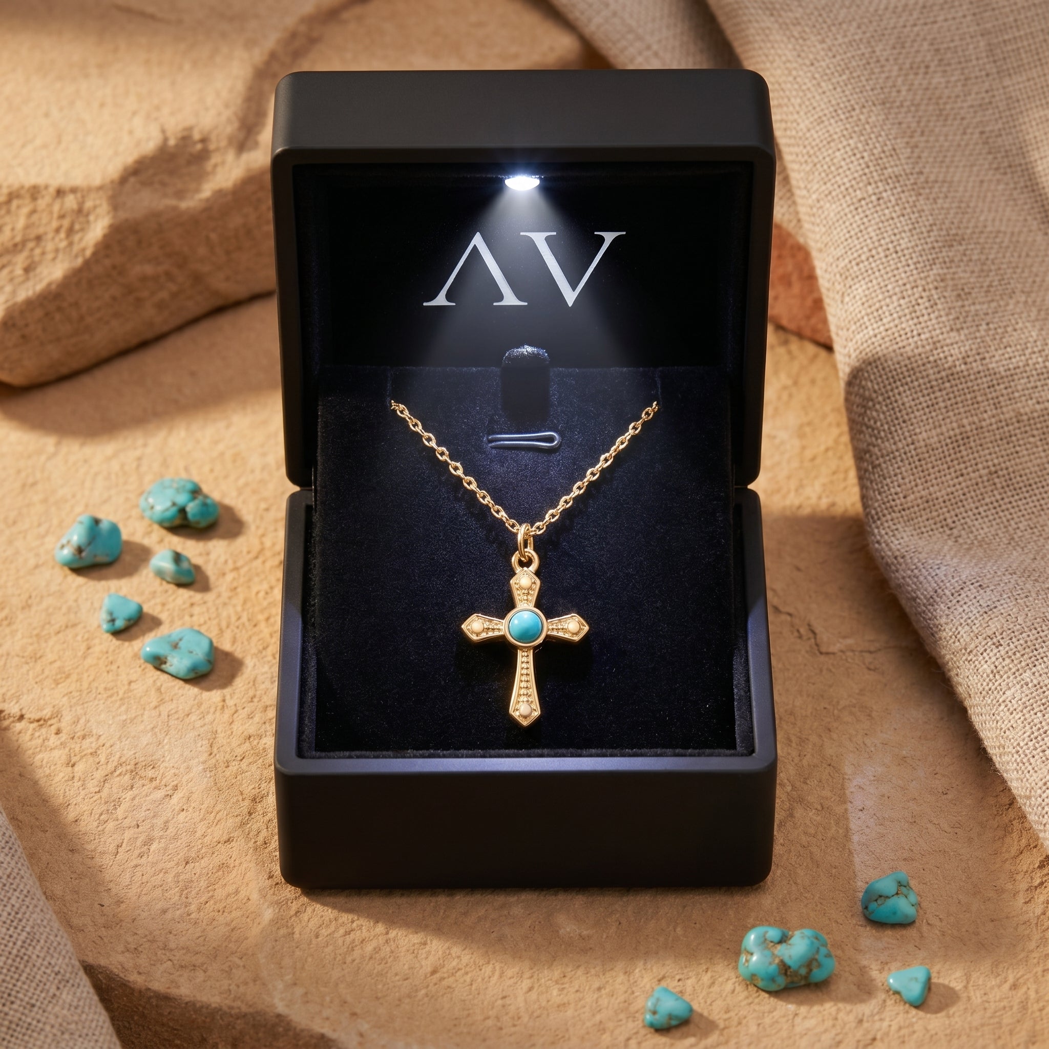 18K gold finish turquoise cross necklace inside a black LED-lighted gift box, perfect for Southwestern gifting.
