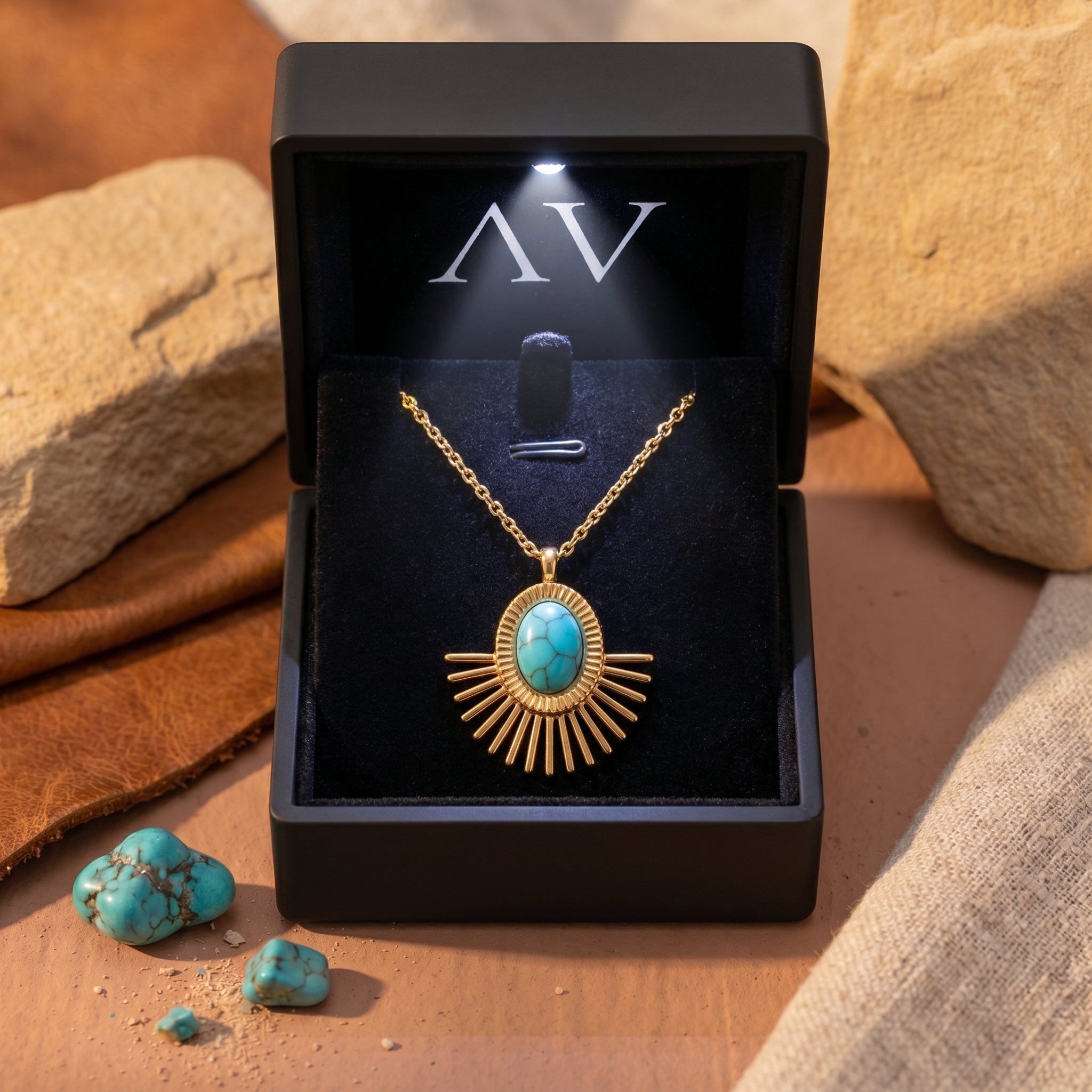 Gold sunburst turquoise necklace inside a black LED-lit jewelry box with a branded AV logo.