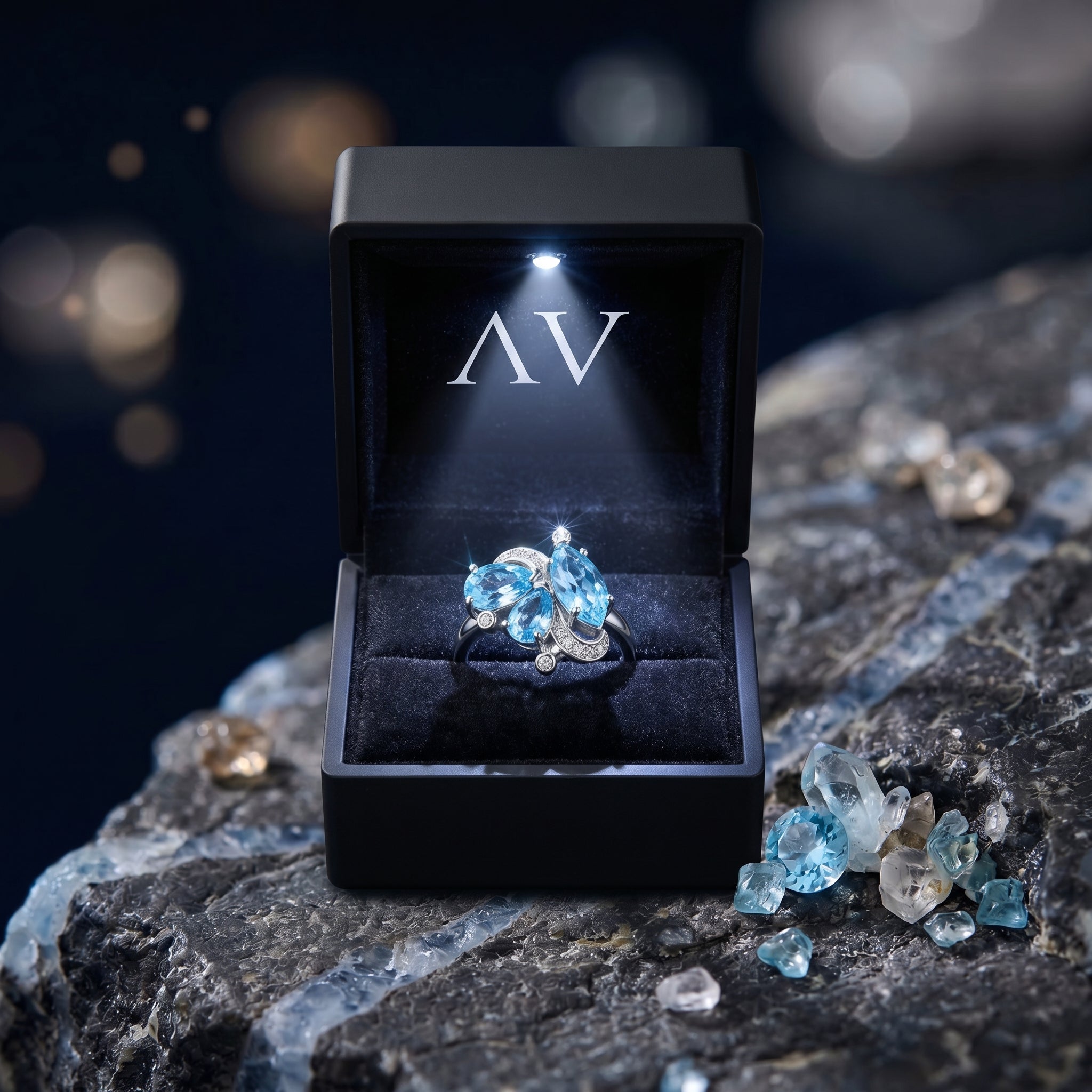 Silver Mariposa blue topaz ring inside a black LED-lit gift box, placed on a dark textured rock.