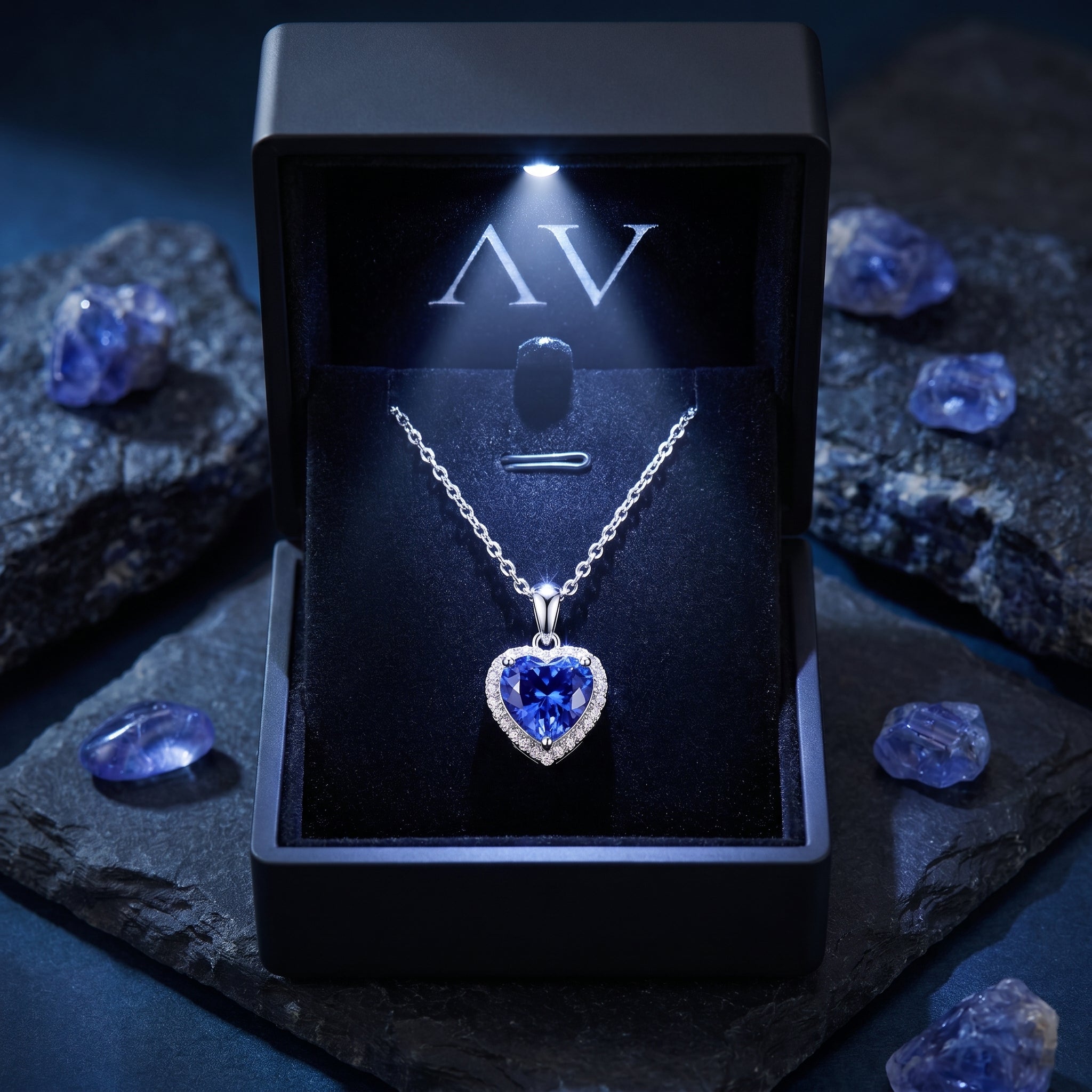 Heart-cut tanzanite necklace presented in a black LED-lit jewelry gift box on a bed of dark stones.