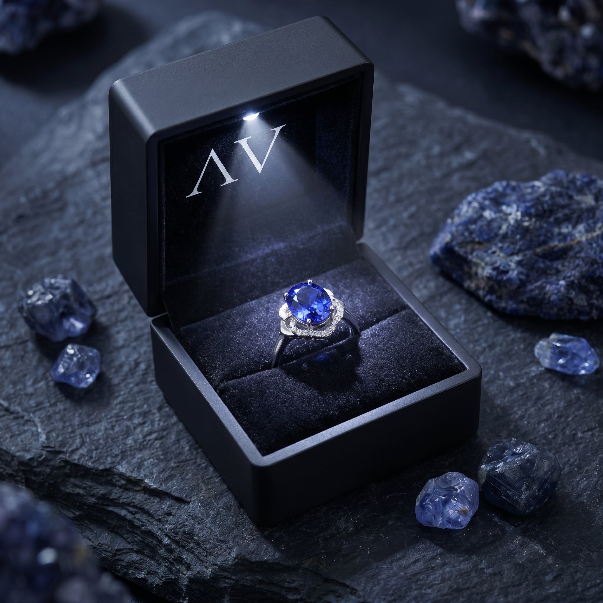 18K white gold tanzanite halo ring presented in a black lighted jewelry box on a stone background.