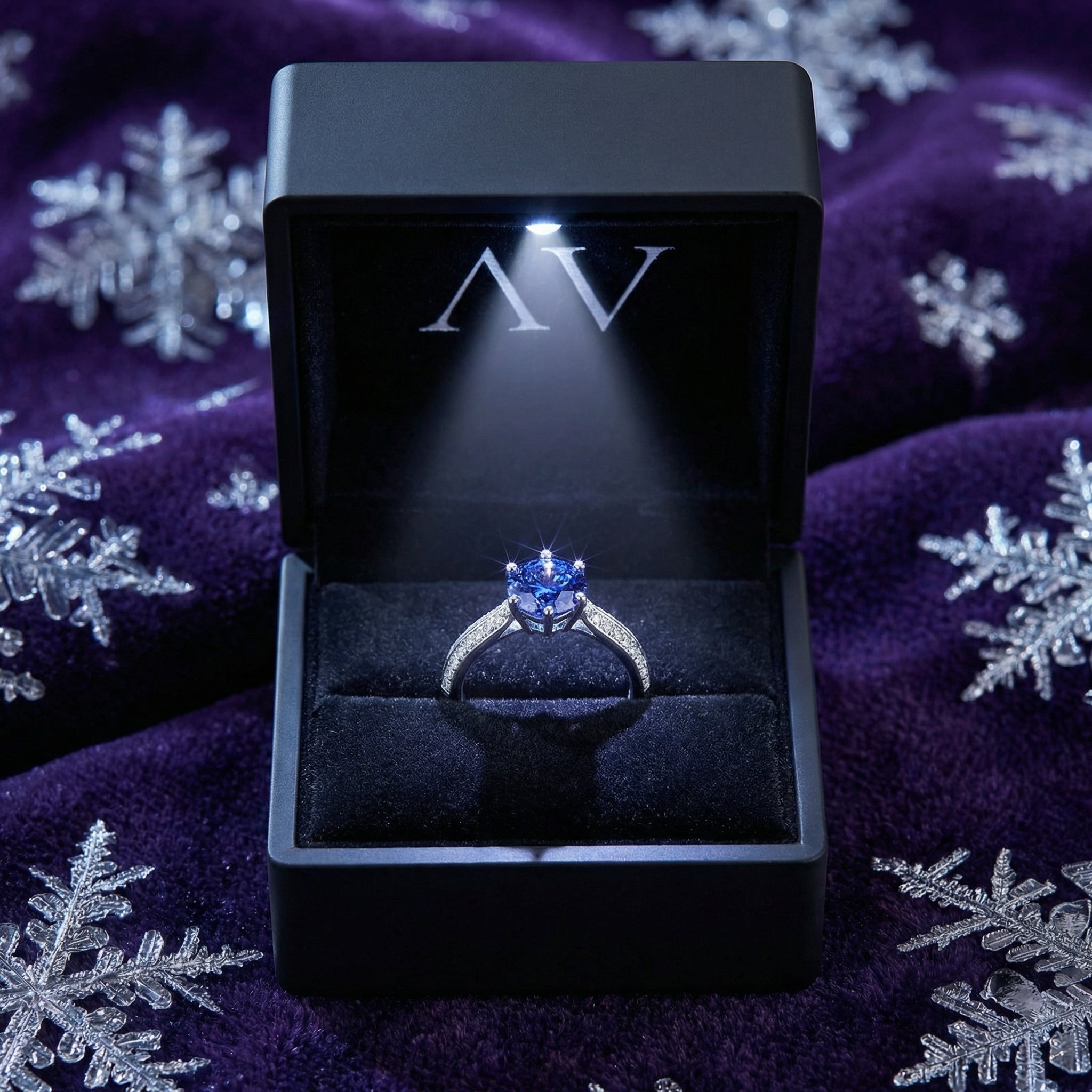 Round simulated tanzanite sterling silver ring inside a black LED-lit jewelry gift box.