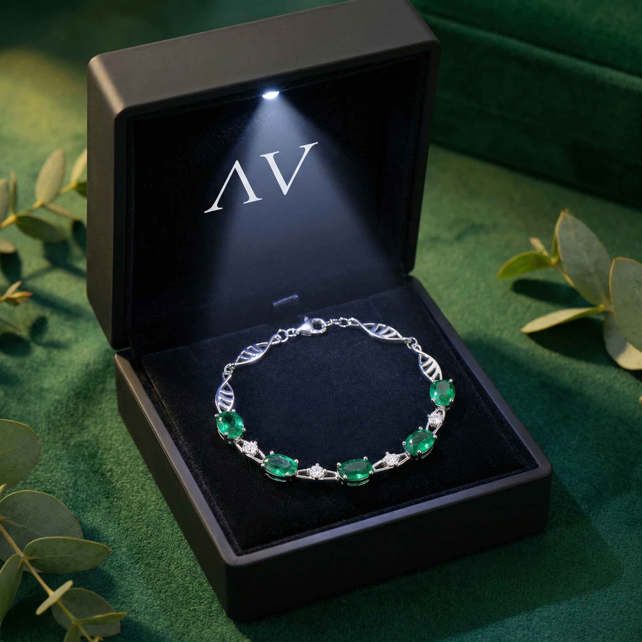 Sterling silver simulated emerald station bracelet inside a black lighted jewelry presentation box.