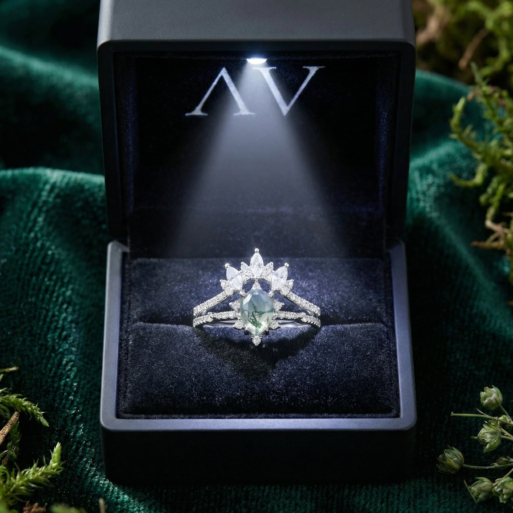 Frosted kite cut moss agate silver ring set presented in a black LED-lit jewelry gift box.
