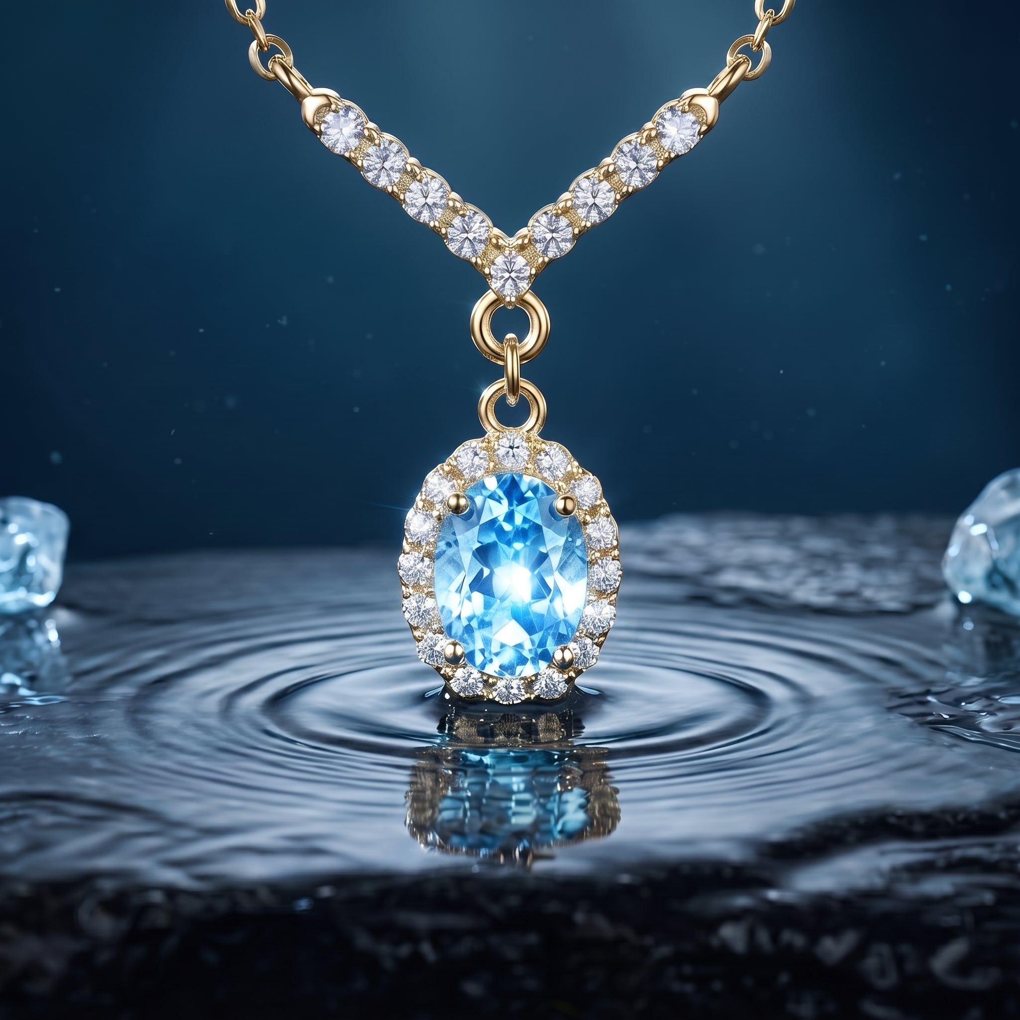 Aquamarine oval halo necklace in yellow gold.