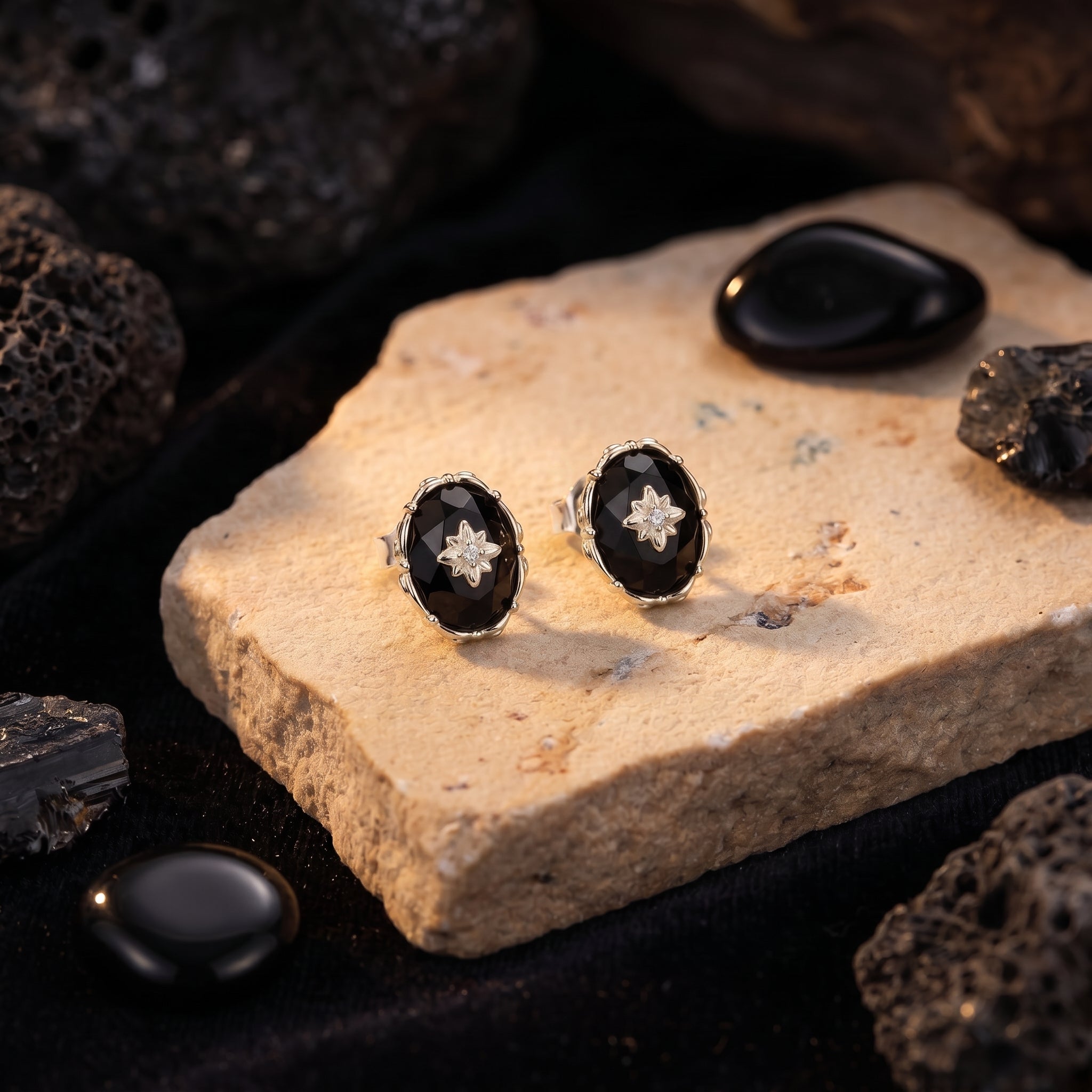 Nerezza black onyx drop earrings in solid white gold.