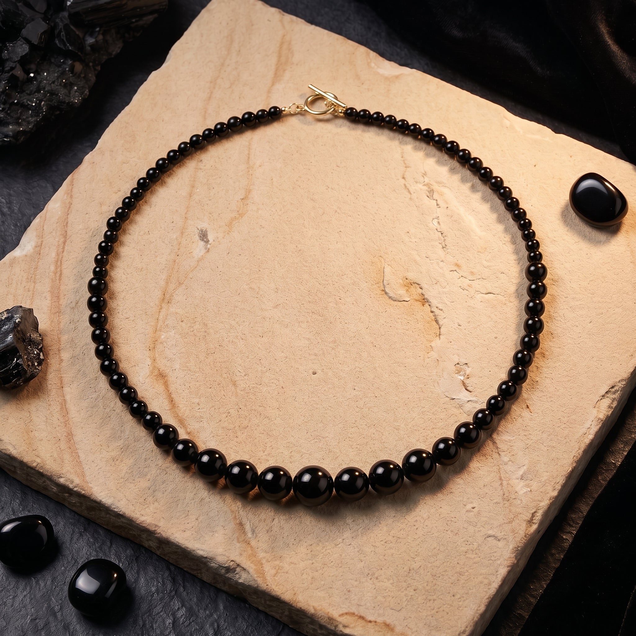 the-penumbra-graduated-natural-onyx-necklace in gold finish
