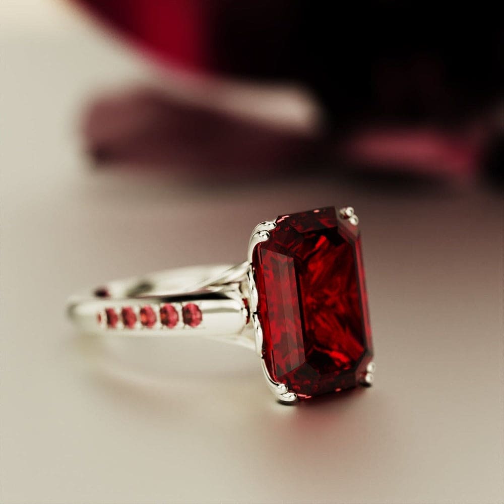 Red Dream: Emerald-Cut Ruby Sculpted Ring - S925 Sterling Silver