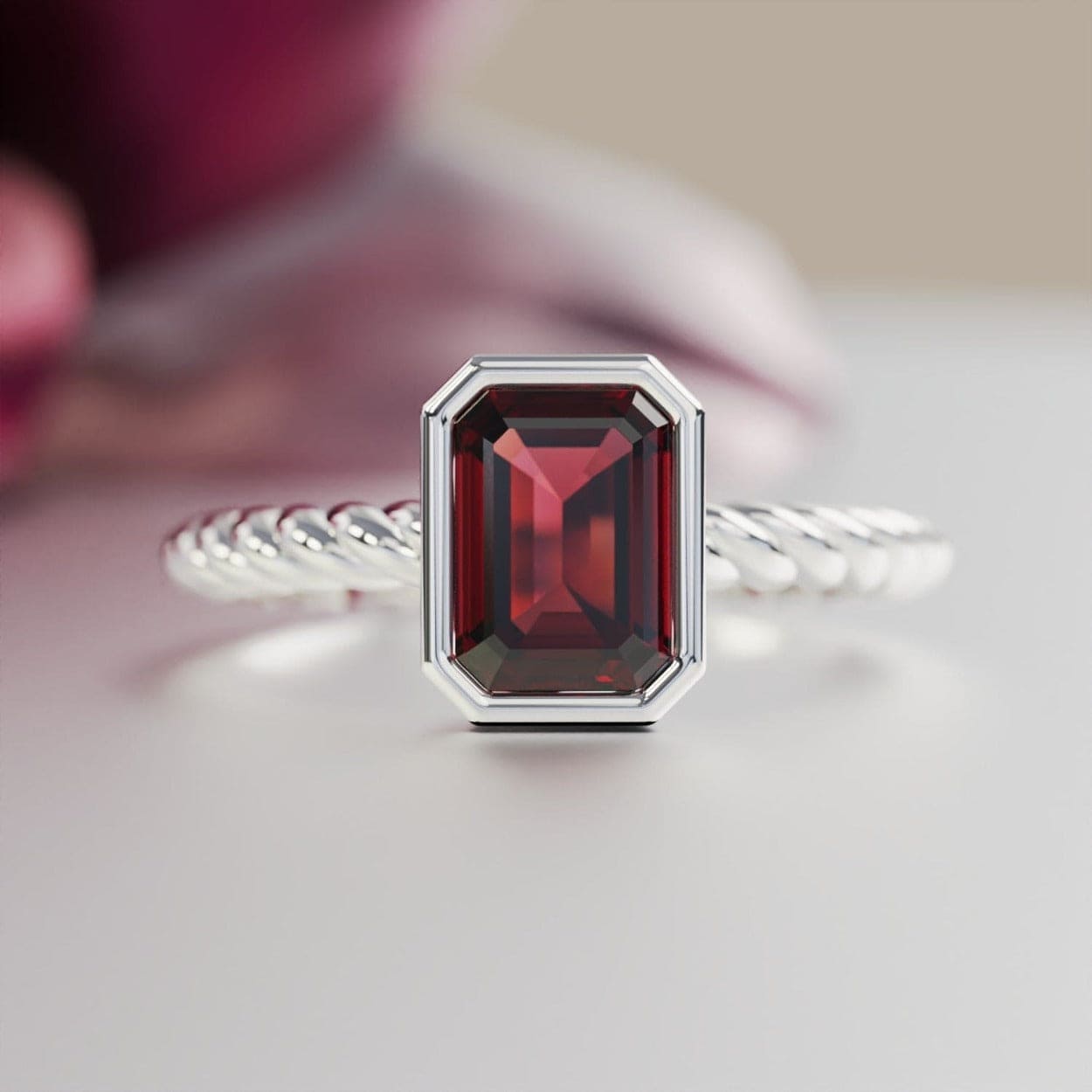 The Solitaire: Emerald-Cut Ruby Ring - S925 Sterling Silver