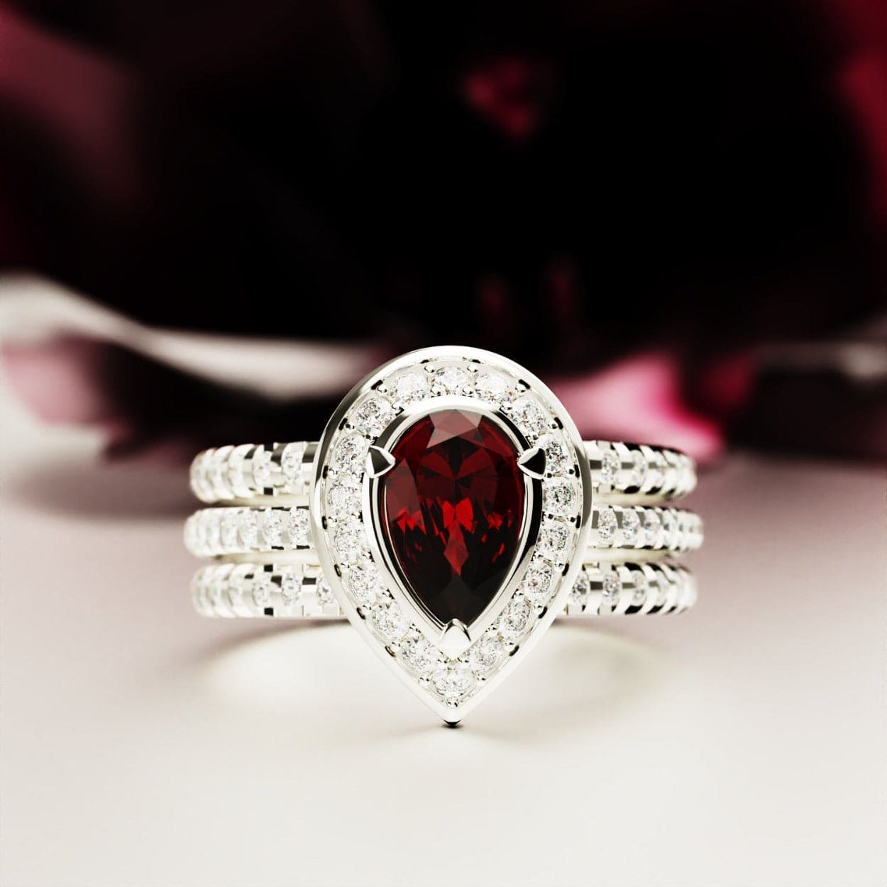 Crimson Teardrop: Pear Shaped Ruby Cut Halo Ring - S925