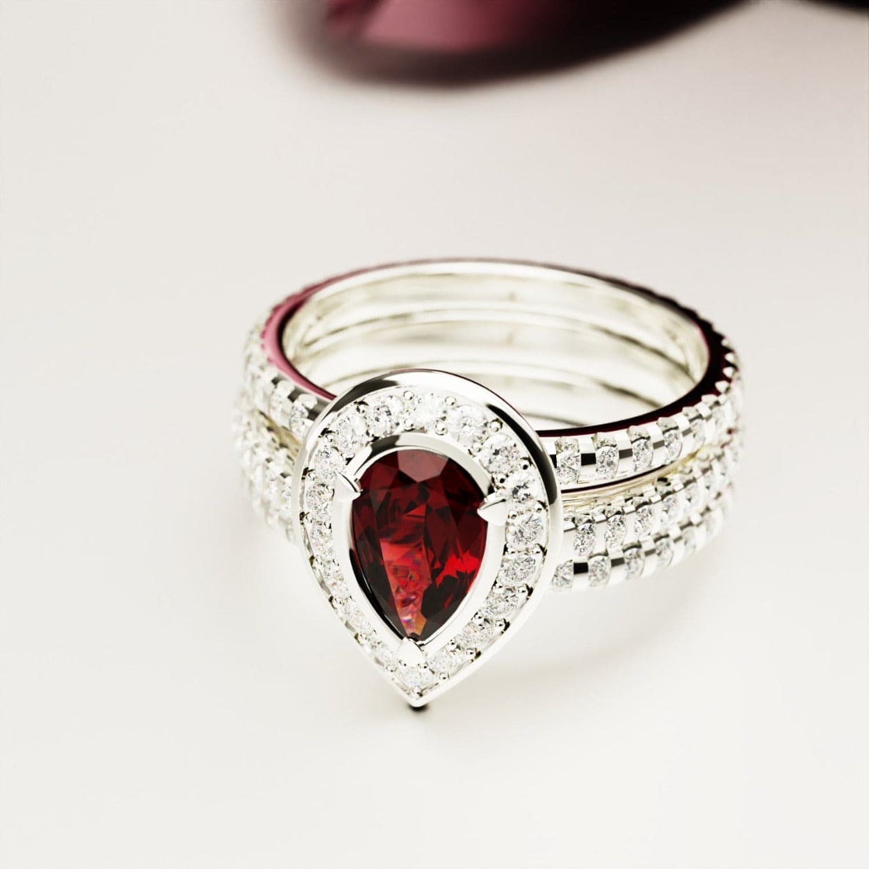 Crimson Teardrop: Pear Shaped Ruby Cut Halo Ring - S925