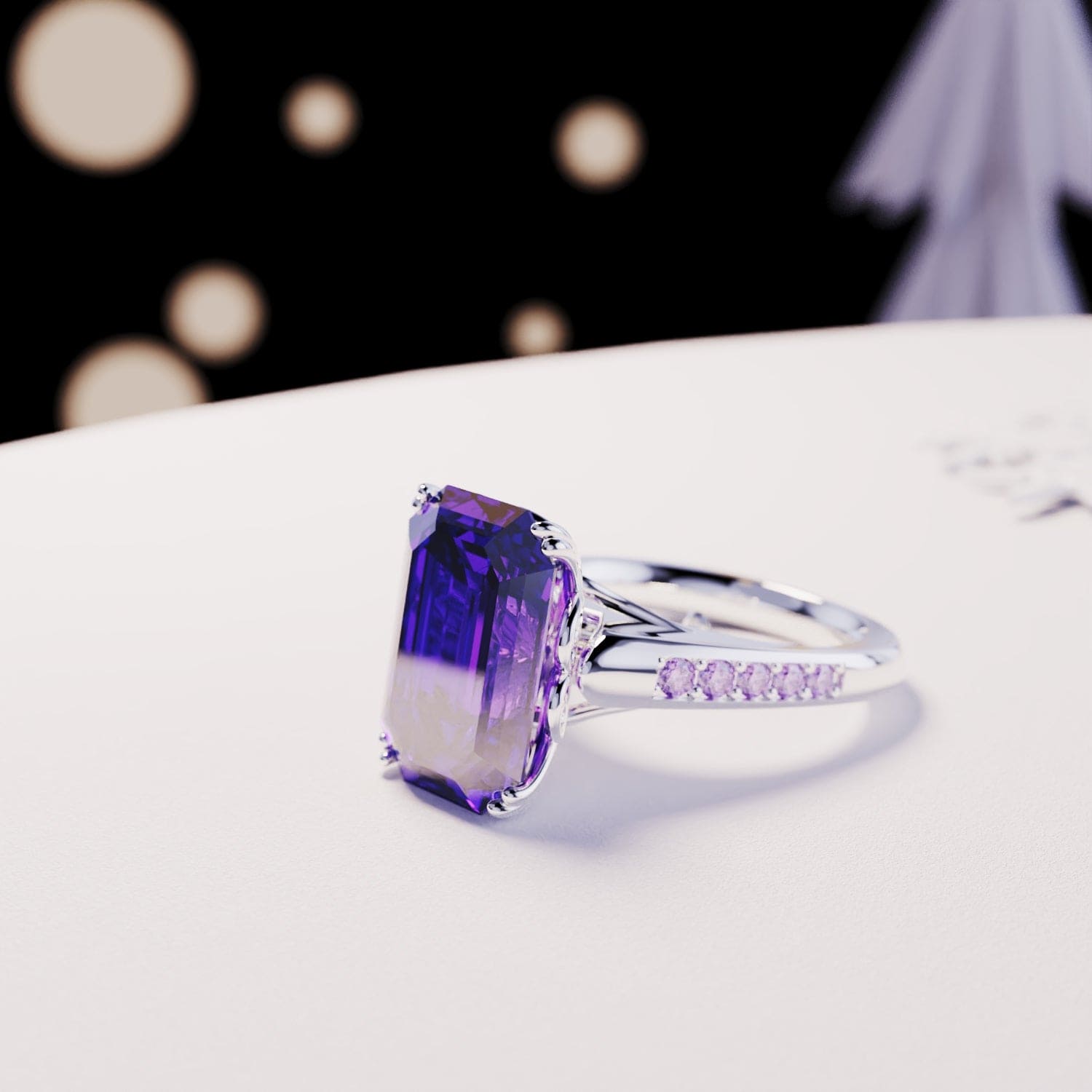 Violet Dream: Bague sculptée taille émeraude - Argent Sterling S925