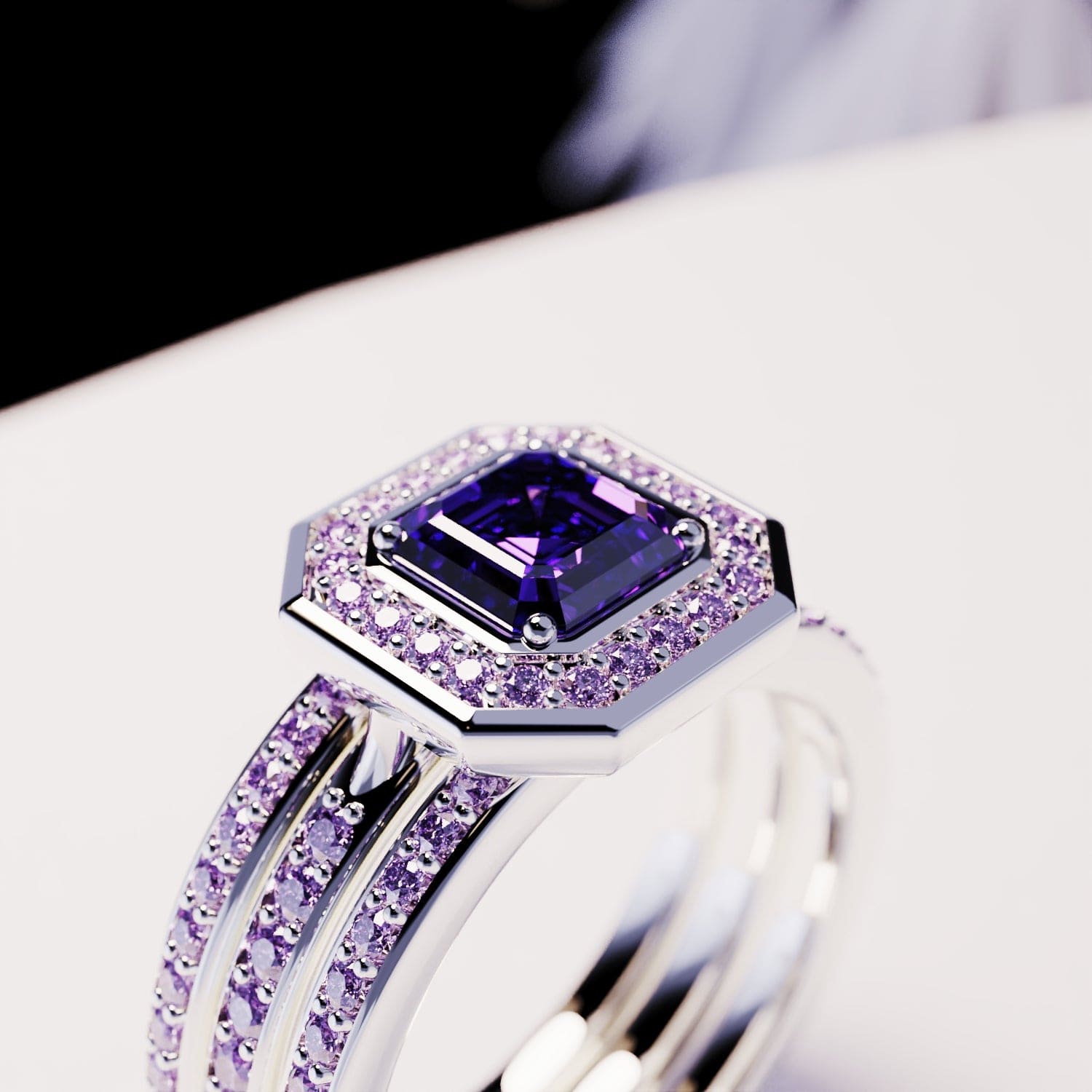 Devotion: Emerald-Cut Amethyst 3in1 Ring Set - S925 Sterling Silver