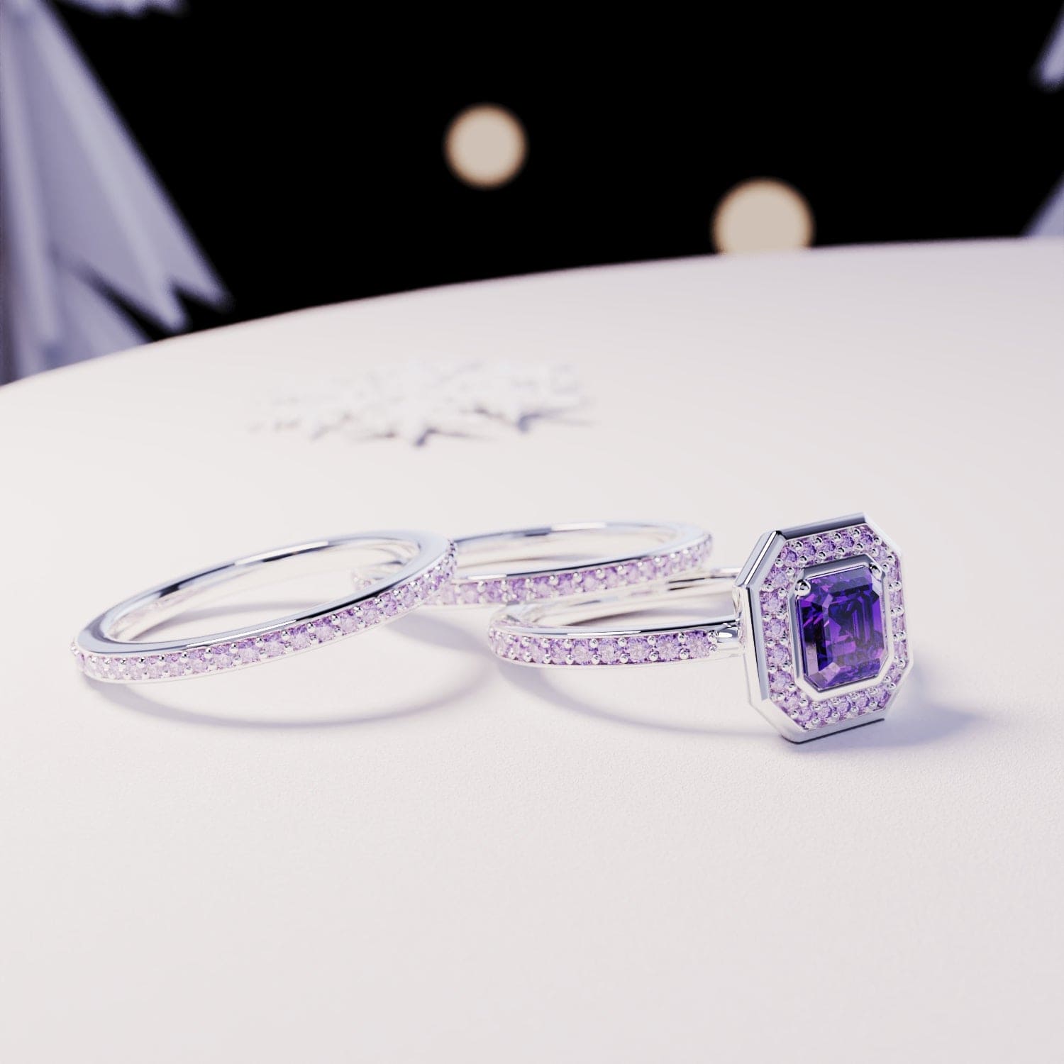 Devotion: Emerald-Cut Amethyst 3in1 Ring Set - S925 Sterling Silver