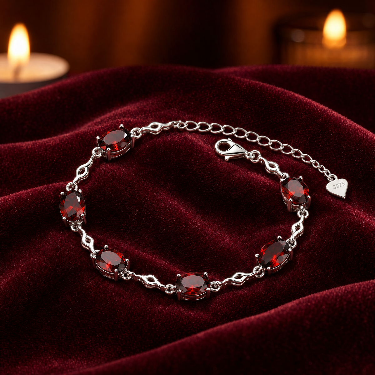Valora S925 sterling silver station bracelet with six oval red simulated garnets resting on burgundy velvet.