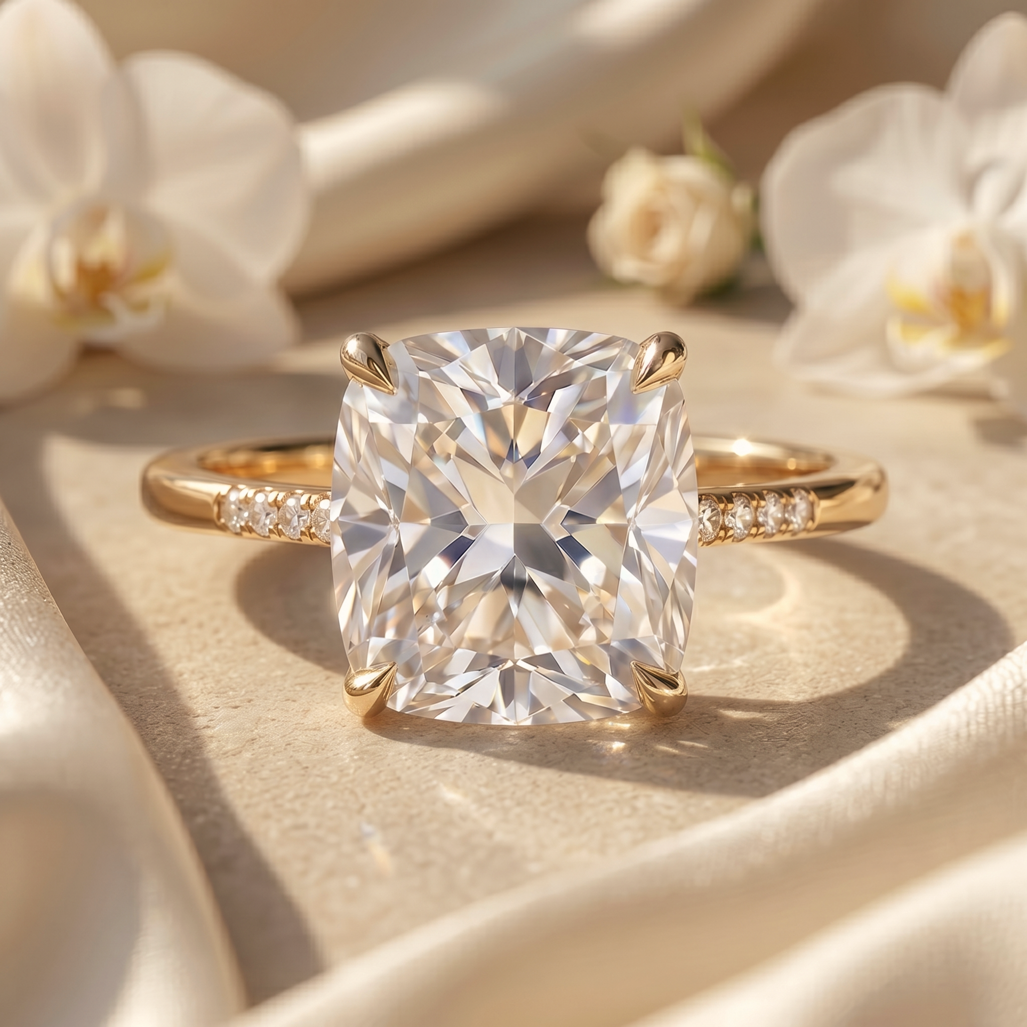A cushion-cut moissanite engagement ring in a yellow gold band with pave diamonds, displayed on silk fabric.