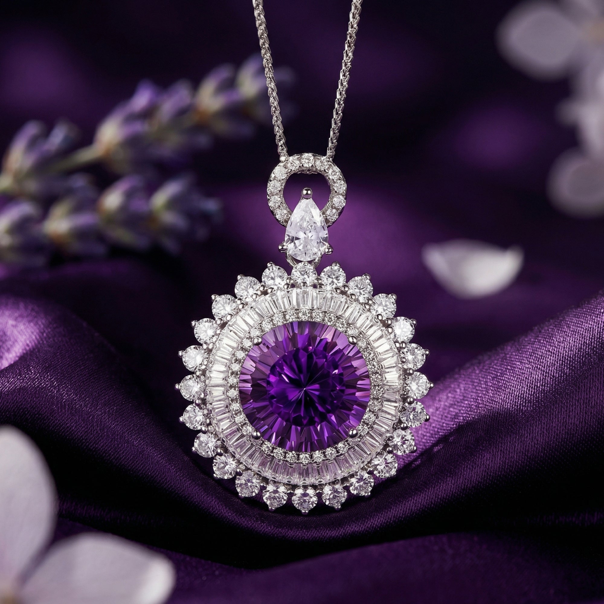 Round cut amethyst pendant in sterling silver with a diamond halo, hanging over purple silk and lavender.
