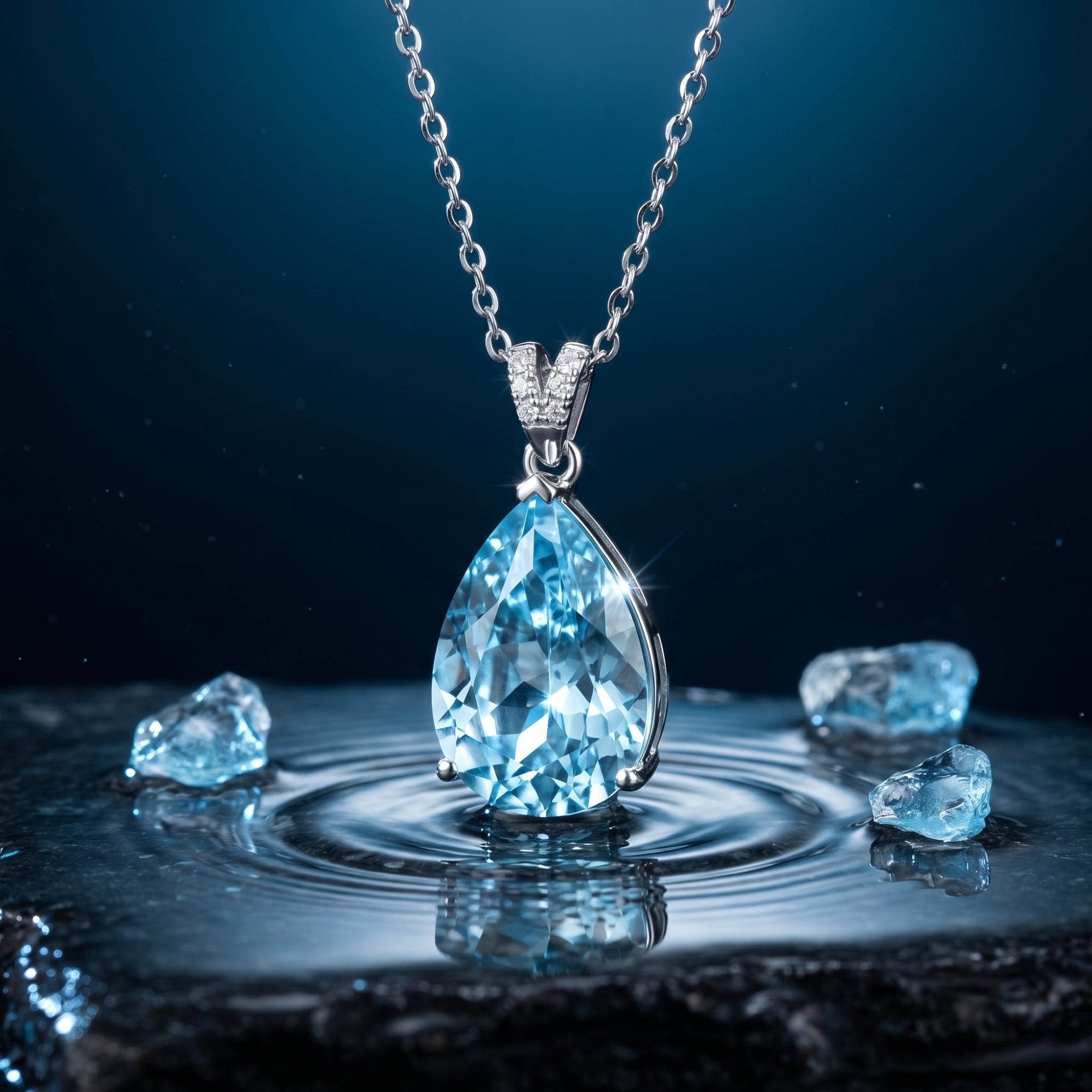 Pear cut aquamarine pendant in Pt950 platinum reflecting in water ripples on a dark stone background.