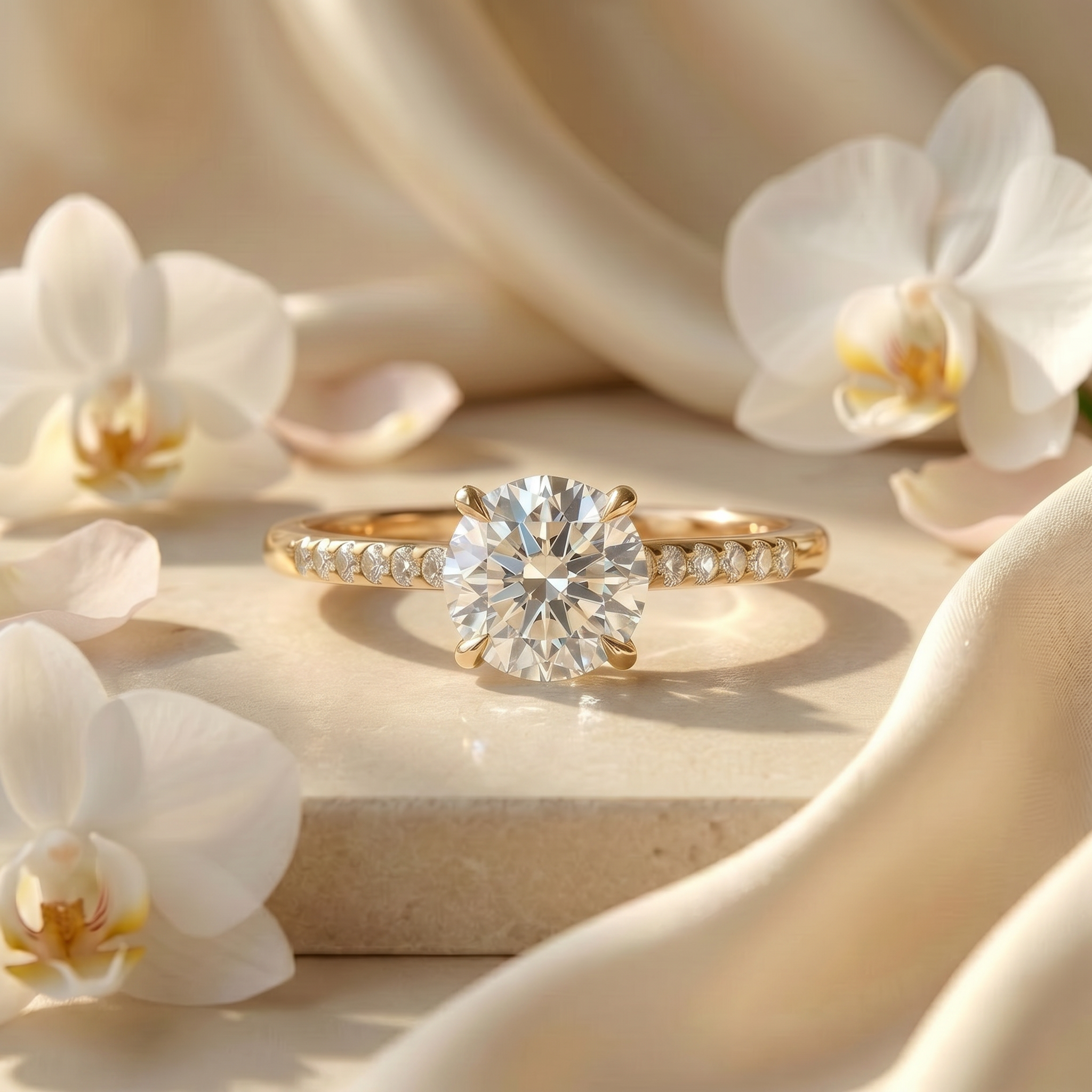 A sparkling round brilliant cut moissanite engagement ring in yellow gold, featuring a pavé band set against white orchids.