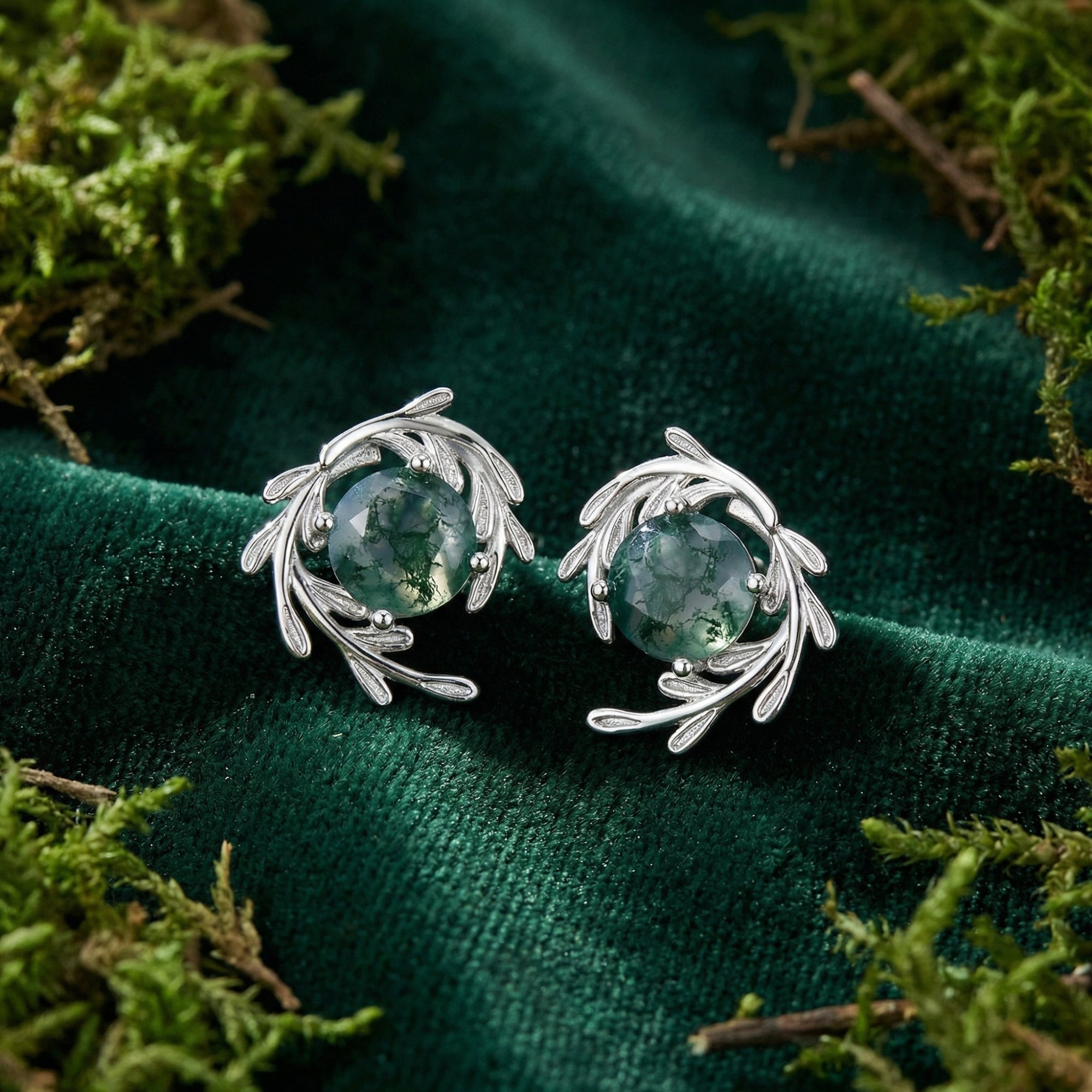 Vine Wrap Natural Moss Agate Stud Earrings - S925 Sterling Silver