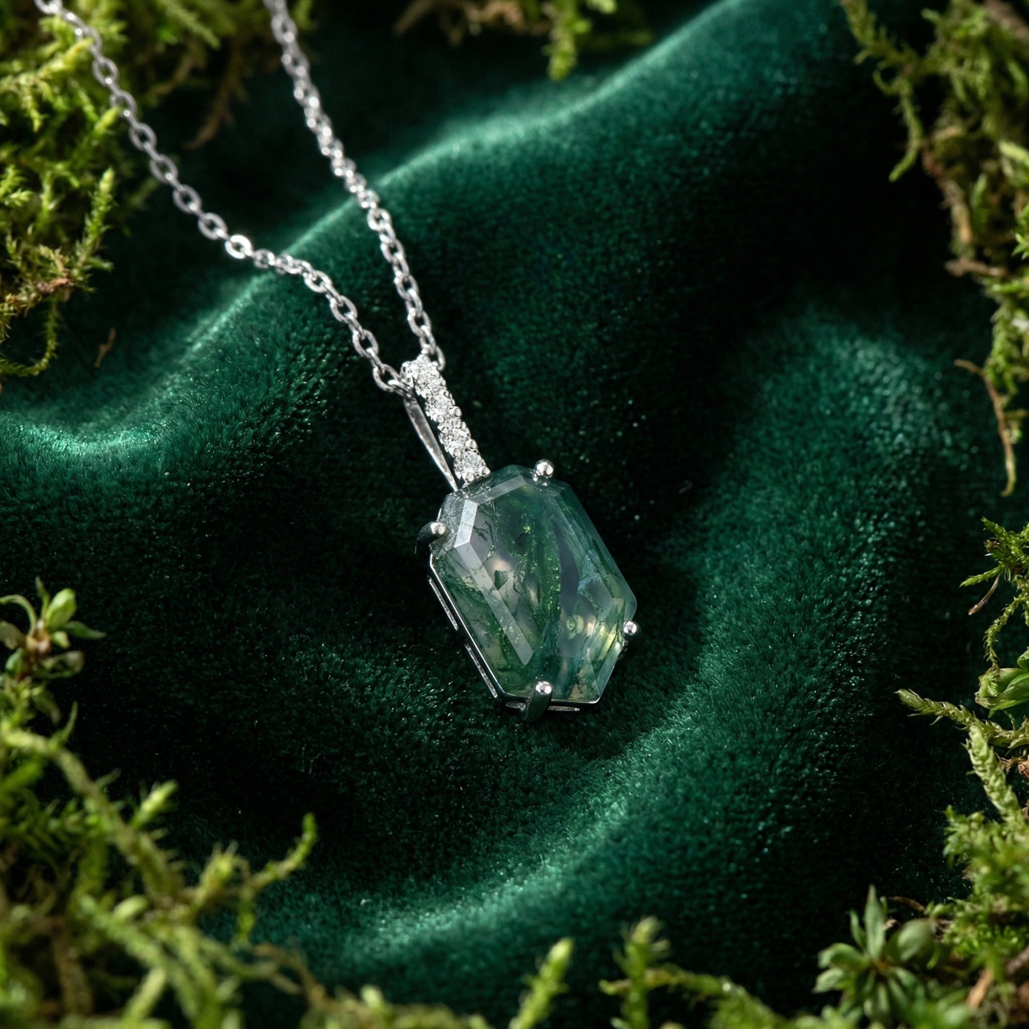 Coffin Cut Natural Moss Agate Column Pendant Necklace - S925 Sterling Silver