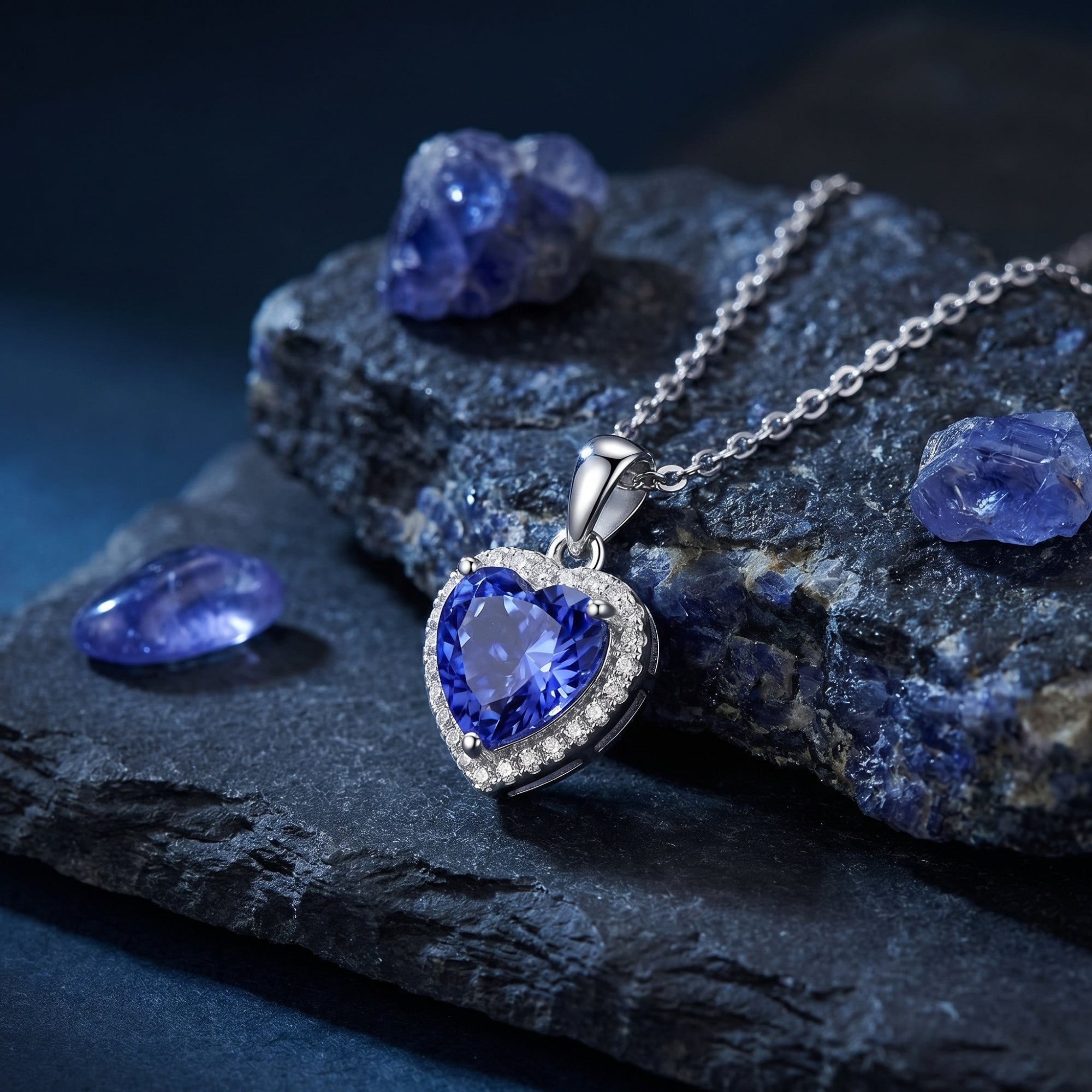 Heart-cut tanzanite halo necklace in sterling silver resting on dark volcanic rocks with raw gemstone crystals.