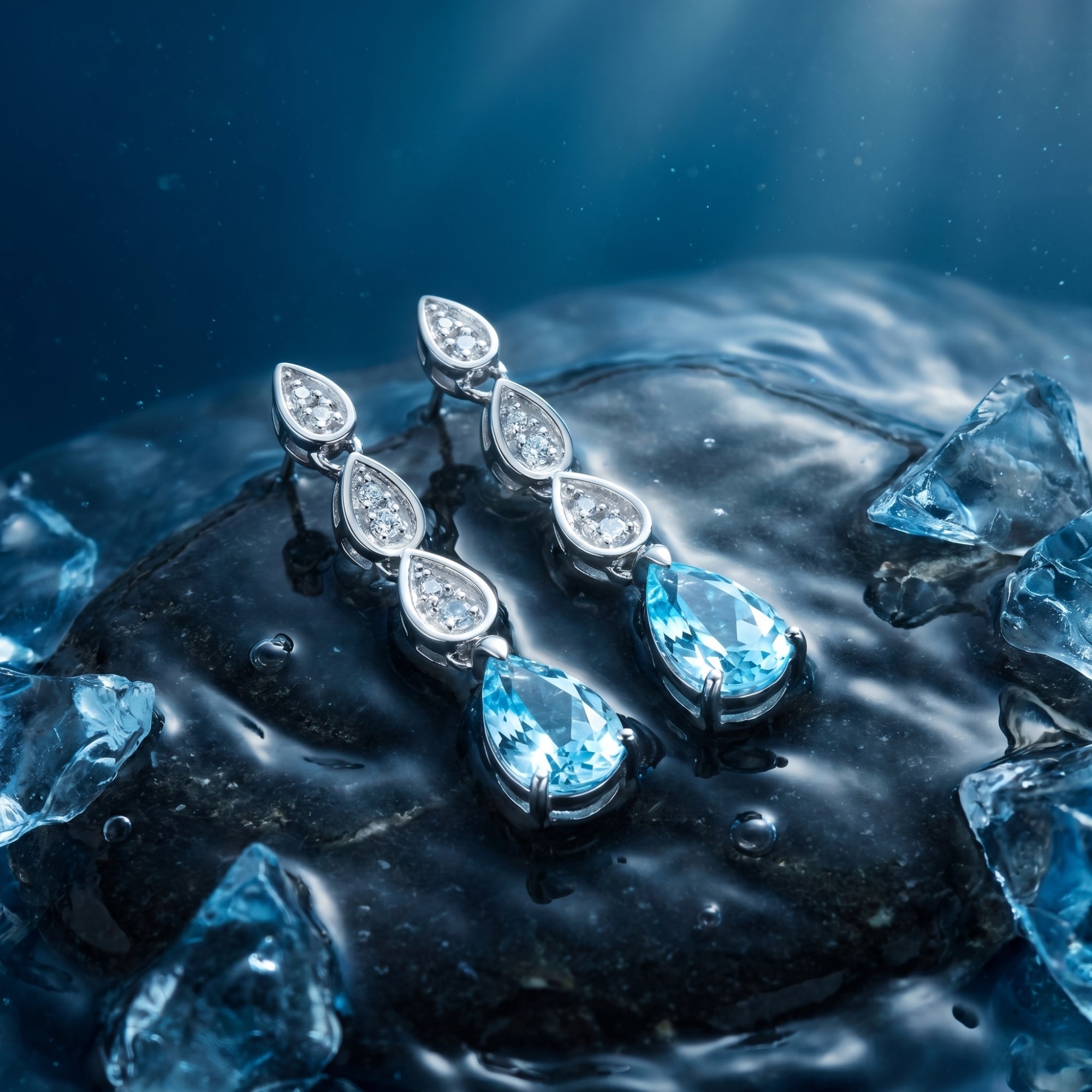 Platinum pear cut aquamarine drop earrings on a dark wet stone with blue crystals in an oceanic setting.