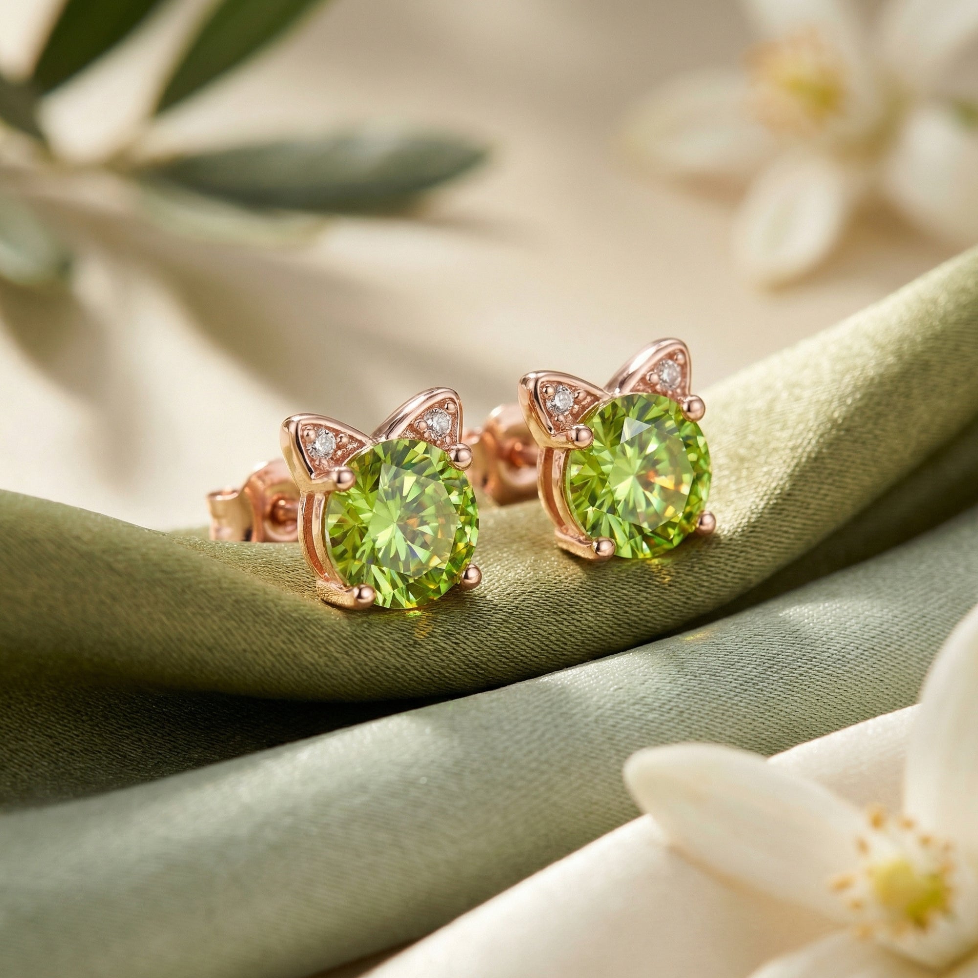 Cat-ear peridot stud earrings in 18K rose gold vermeil resting on green silk fabric with white flowers.